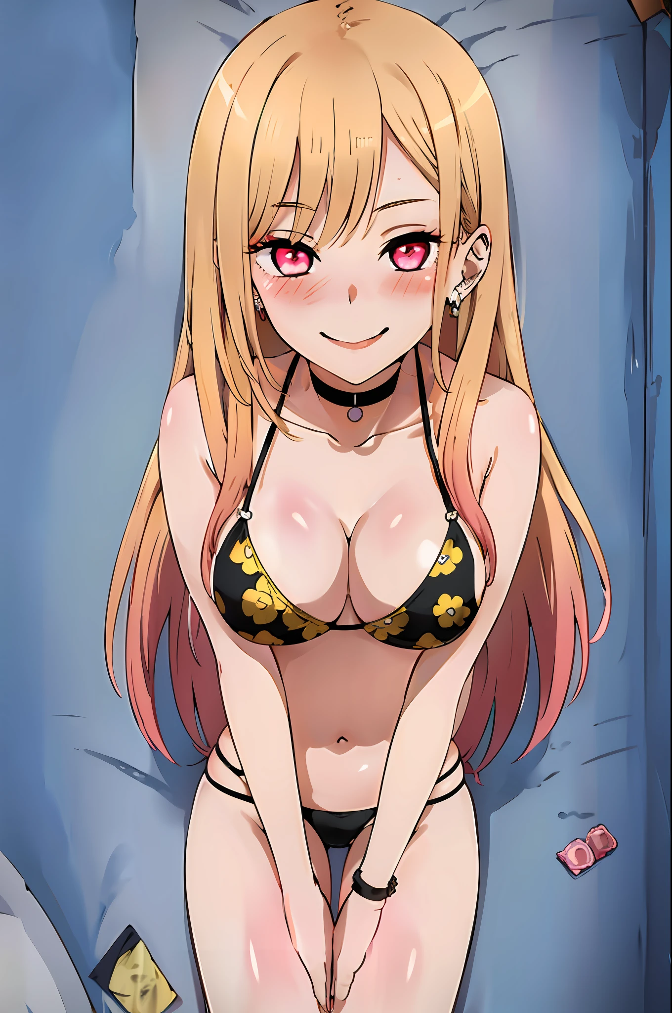 , bikini, (blushing face:1.3), smiling, (eroti), ((condom on bglowing eyes