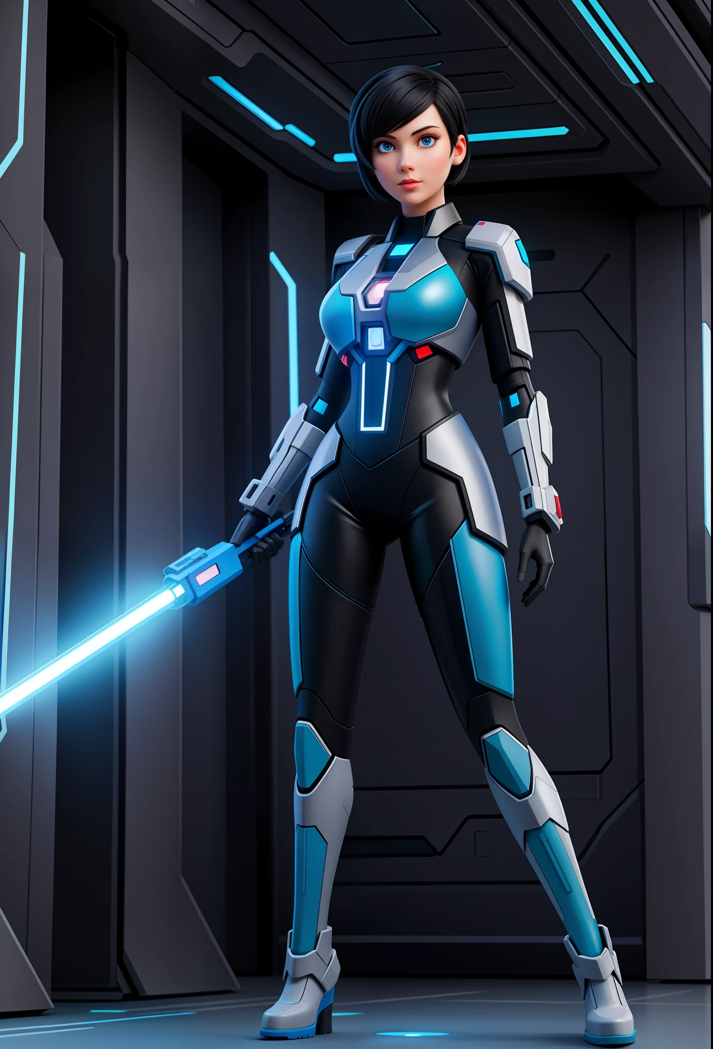 Full body photo, Humanoid Machine Woman, half human half machine body in futuristic costume, with power cables, lit blue lights on her chest, she has half human half head with mechanical parts showing, short black hair, blue eye and mechanical eye with laser sight, looking at the viewer, from the front, big breasts, body half human and half mechanical, she is in a futuristic city at war between humans and machines, she is holding futuristic weapons of high caliber, cyberpunk, troll, anime, Pop art, masterpiece, 16k, high details, UHD, best quality