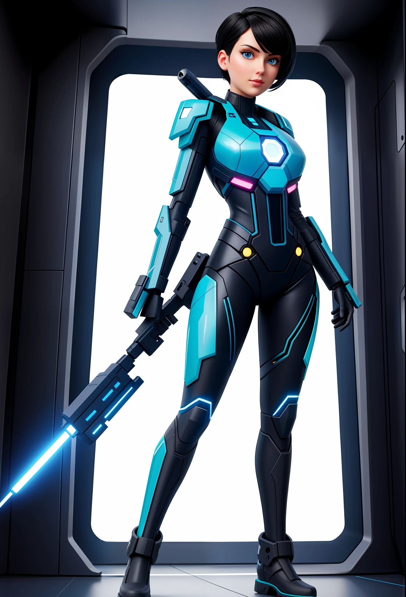 Full body photo, Humanoid Machine Woman, half human half machine body in futuristic costume, with power cables, lit blue lights on her chest, she has half human half head with mechanical parts showing, short black hair, blue eye and mechanical eye with laser sight, looking at the viewer, from the front, big breasts, body half human and half mechanical, she is in a futuristic city at war between humans and machines, she is holding futuristic weapons of high caliber, cyberpunk, troll, anime, Pop art, masterpiece, 16k, high details, UHD, best quality