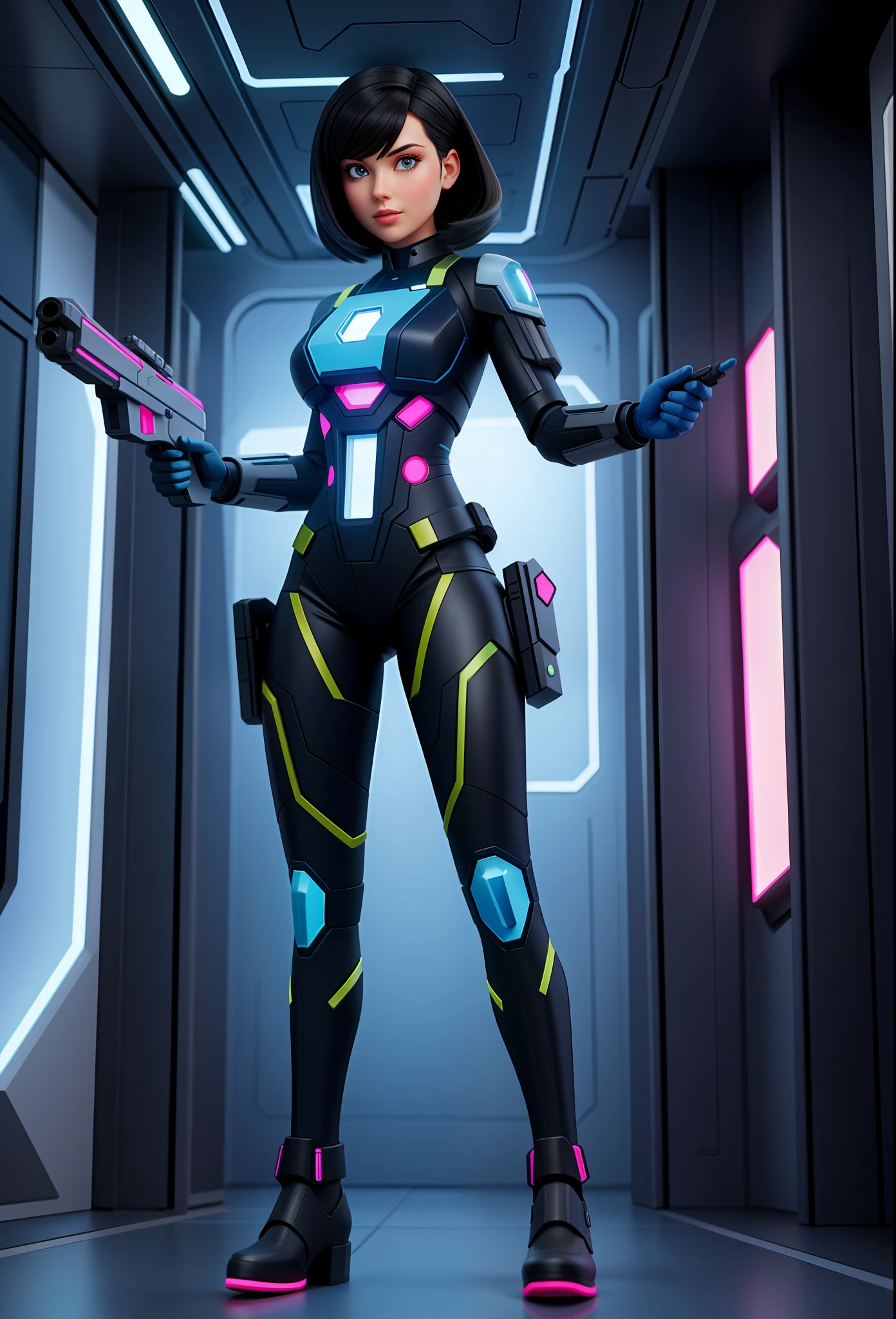 Full body photo, Humanoid Machine Woman, half human half machine body in futuristic costume, with power cables, lit blue lights on her chest, she has half human half head with mechanical parts showing, short black hair, blue eye and mechanical eye with laser sight, looking at the viewer, from the front, big breasts, body half human and half mechanical, she is in a futuristic city at war between humans and machines, she is holding futuristic weapons of high caliber, cyberpunk, troll, anime, Pop art, masterpiece, 16k, high details, UHD, best quality