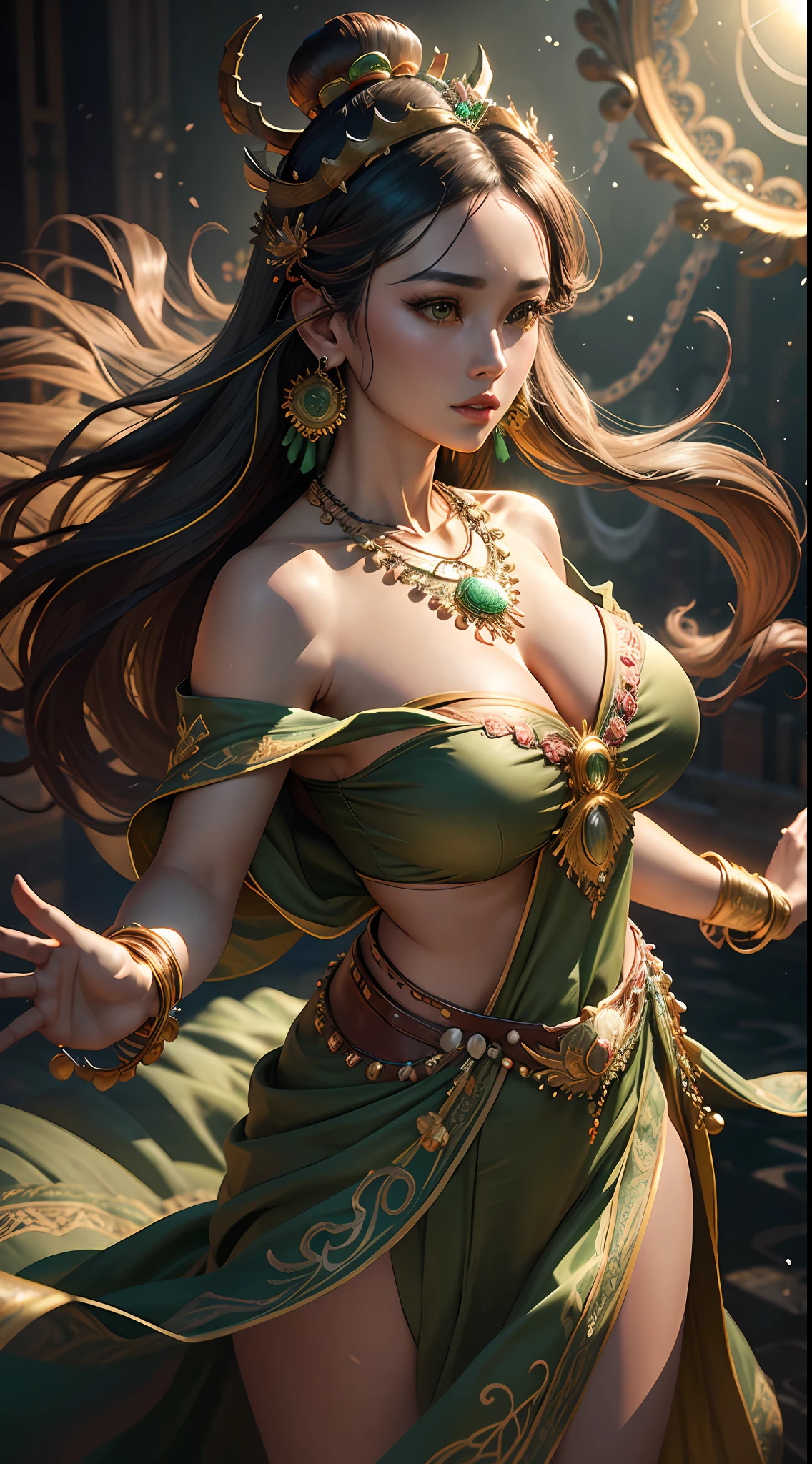 Best quality,masterpiece,ultra-detailed high res,(photorealistic:1.4),raw photo, brown skin,illustration,
woman dancing,(solo:1.2),(cowboy shot:1.2),(hair crown:1.2), green Traditional chinese dunhuang style clothes,Strapless,(green eyeliner:1.2),(big breasts:1.4), (v-neck:1.5), (big necklace:1.4), lace armour, earrings,dynamic angle,Opera House,messy_long_hair,ink,cinematic lighting,lens_flare,Velvet,chrysanthemum,Tassel,Ribbon,color embroidery, underwater scenery
