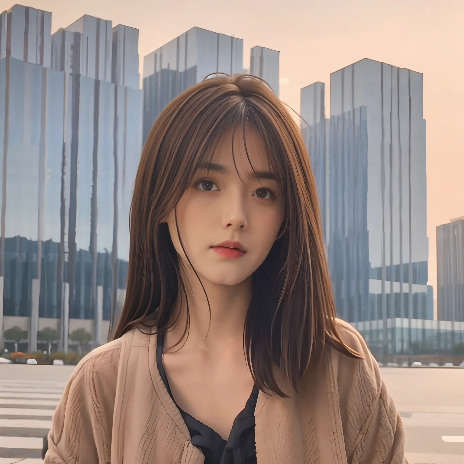 a female, medium brown hair, beautiful face, building in the background, realistic, 8k, cinematic mode, masterpiece