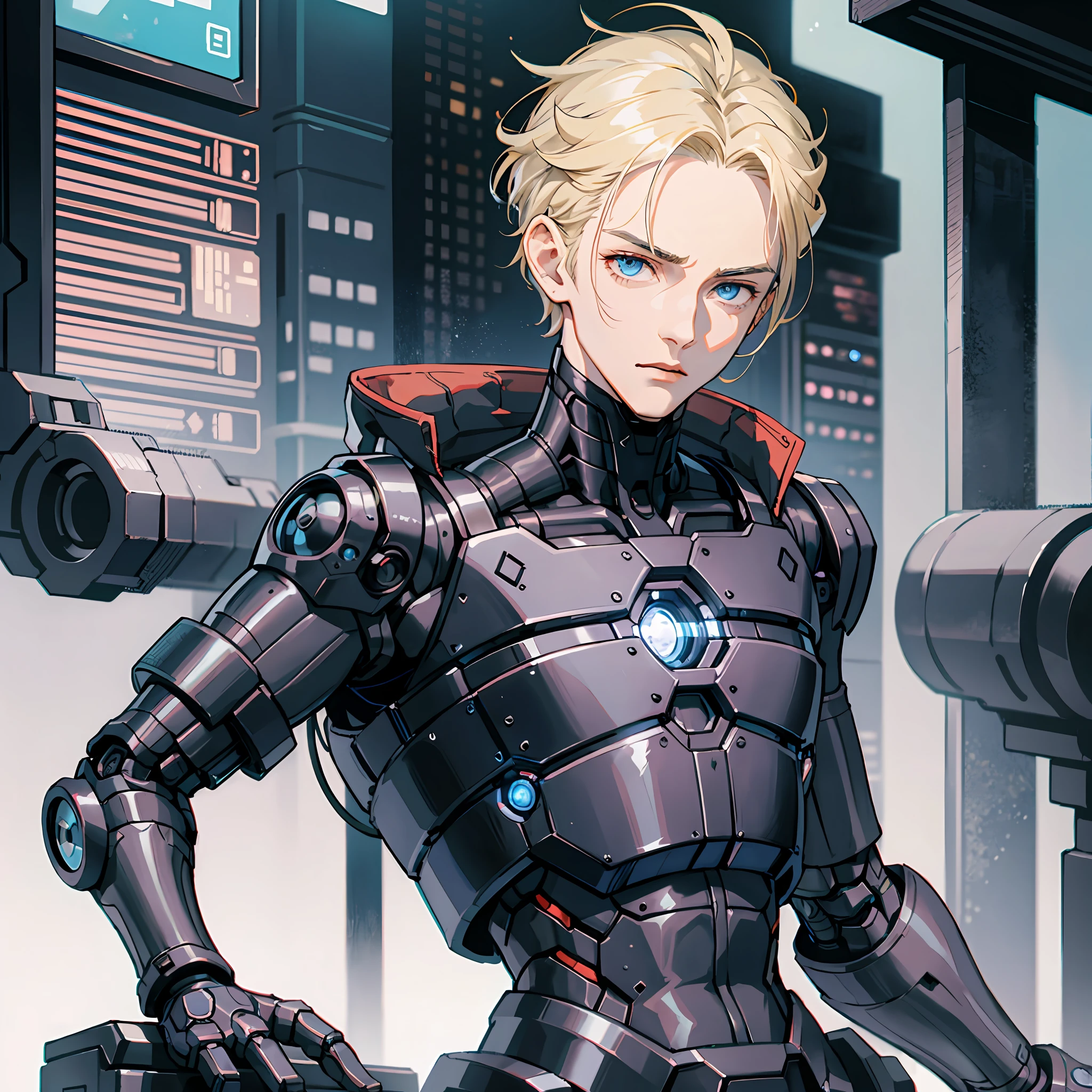 boy, beautiful porcelain boy android face, black organic cyborg, black plastic, robotic parts, black mechanical body, arms prostheses, solo, machine-made joints, mechanical limbs, mechanical spine attached to the back, science fiction, the end times, cyberpunk background, a 18-year-old cyborg boy with short blonde hair parted in the middle, blue eyes, straight face, no extra fingers