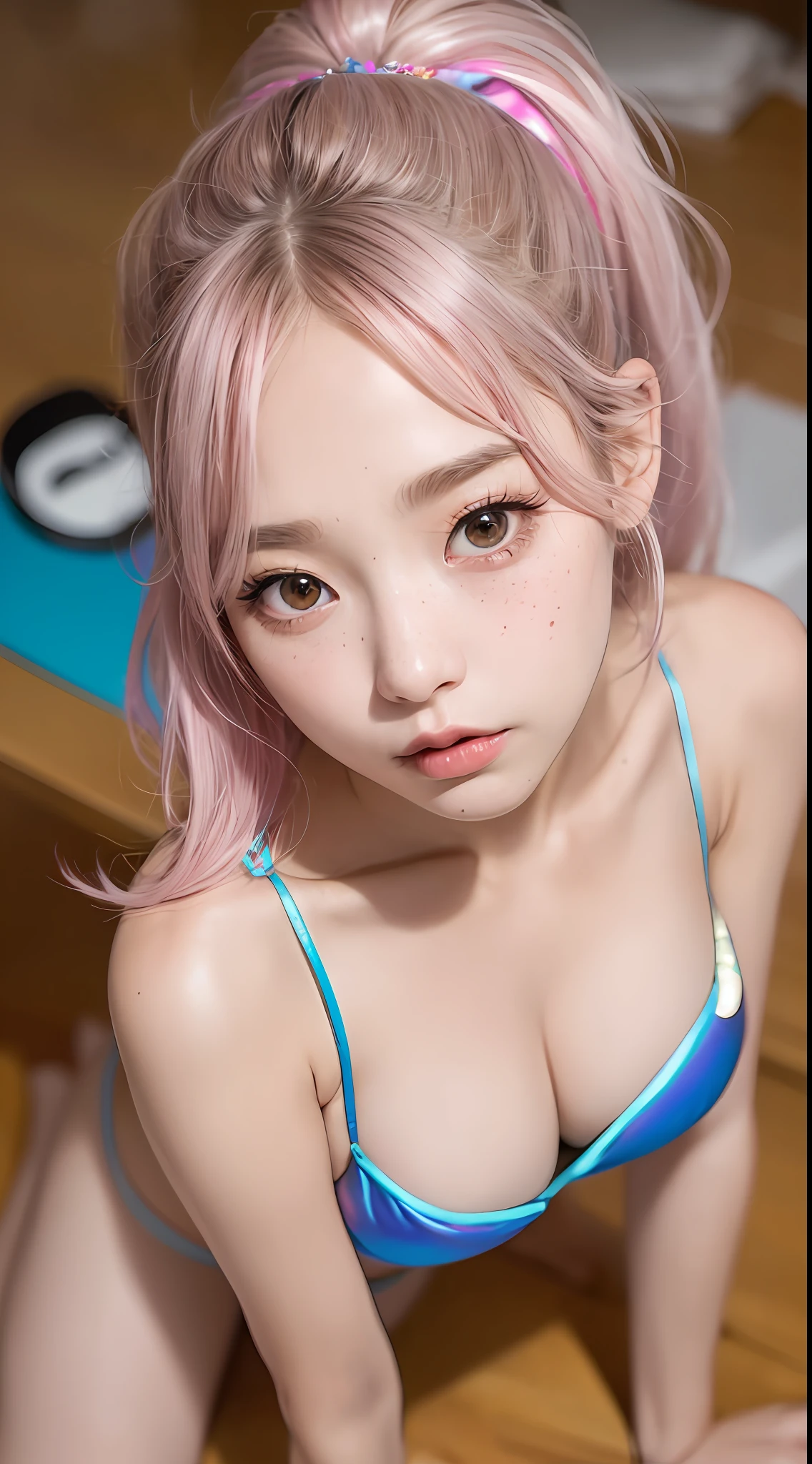 a 45 y.o girl in a iridescent foil micro bikini, ((kpop idol)), (aegyo sal:1), huge breasts, bare butts, platinum pink short ponytail, pale skin, ((puffy eyes)), looking at viewer, heterochromia eye, mole below eye, thick eyebrows, freckles, small waist, wide thighs, thigh gap, beach, coastline, wind, waves, 8k uhd, dslr, soft lighting, high quality, best quality, ultra high res, (photorealistic:1.4), film grain, Fujifilm XT3,