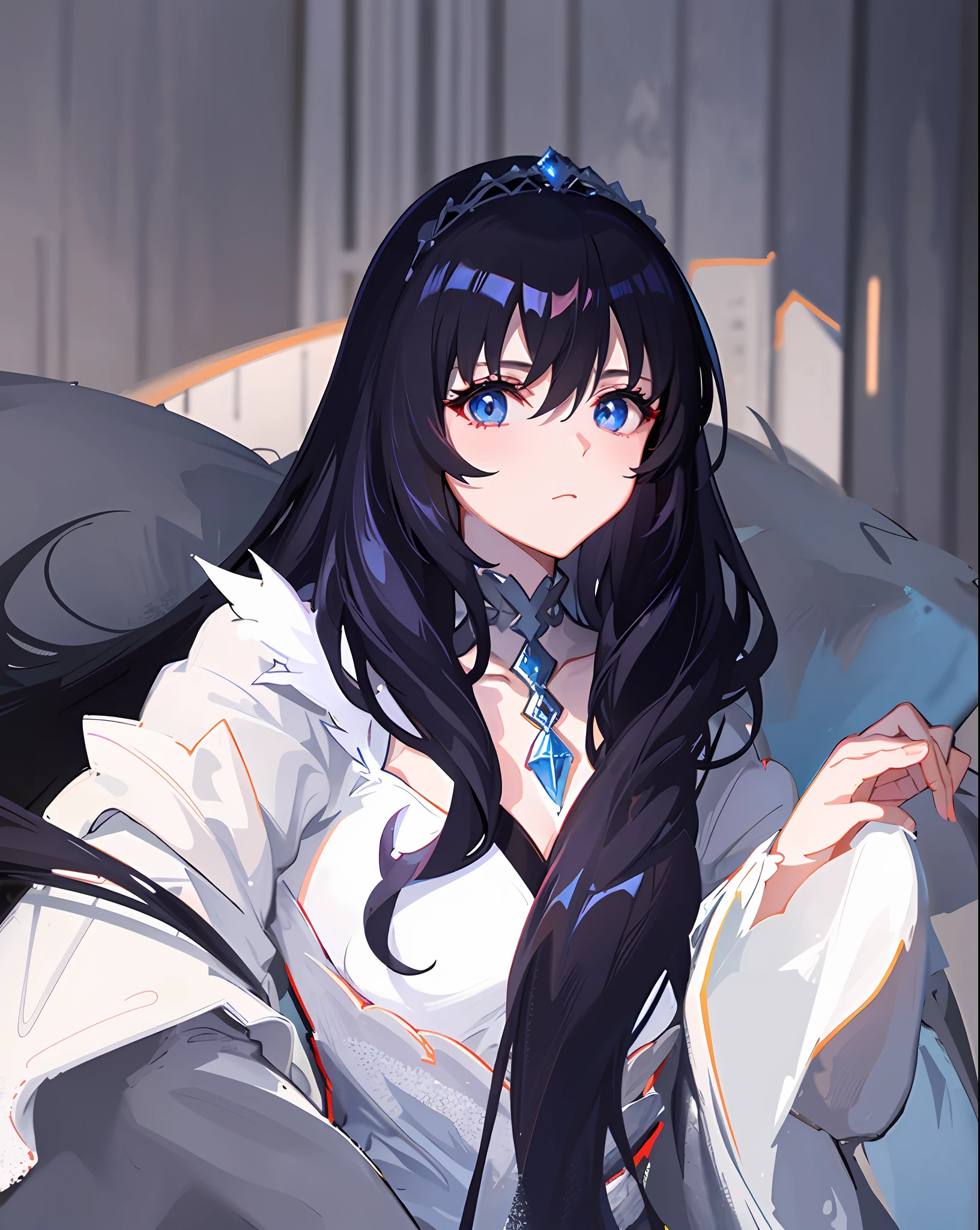 A beautiful lady from the ice kingdom, with her beautiful long black hair and her beautiful blue eyes, she is wearing her beautiful white and elegant queen's dress and has a beautiful crown on her head, her face is beautiful and delicate