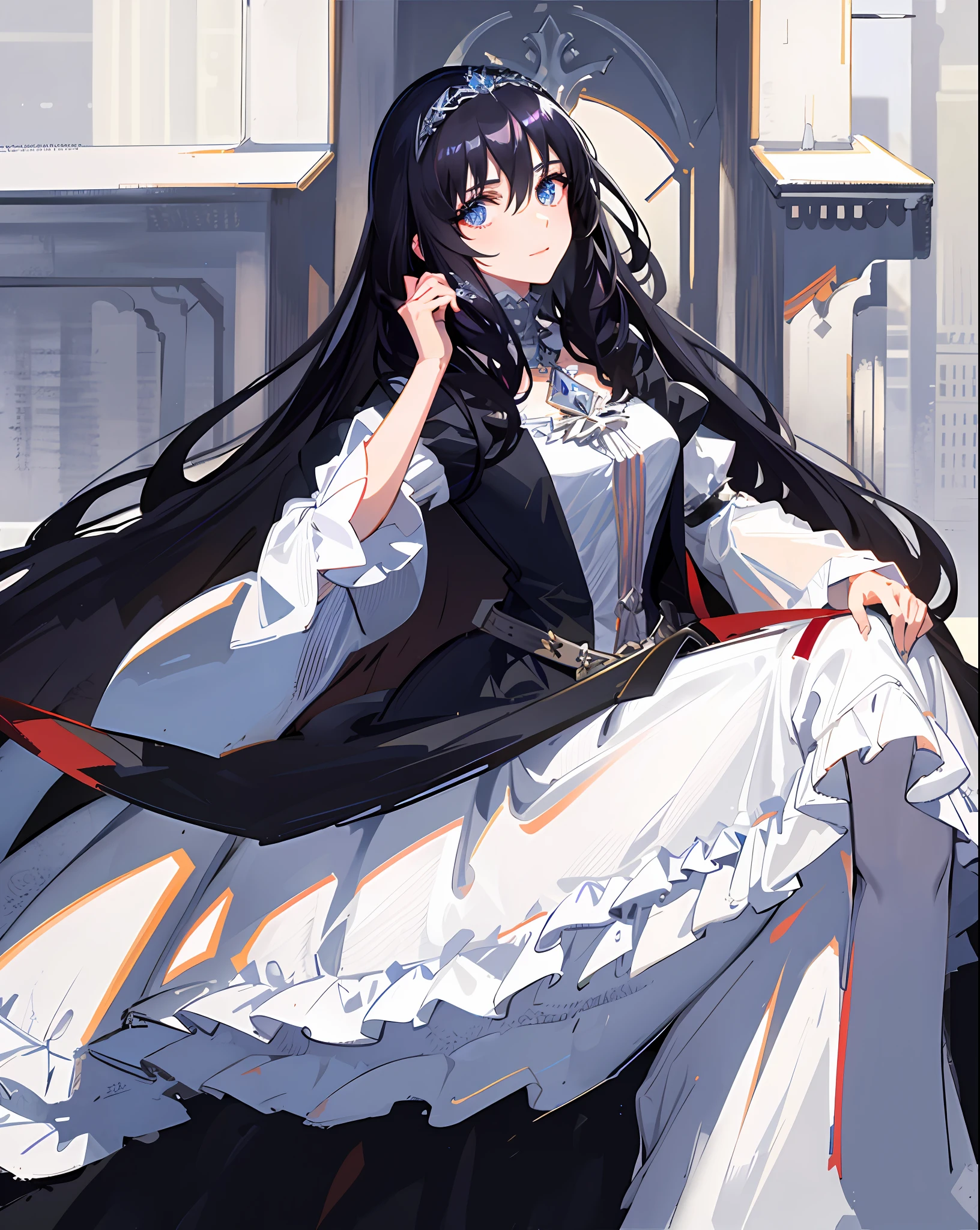 A beautiful lady from the ice kingdom, with her beautiful long black hair and her beautiful blue eyes, she is wearing her beautiful white and elegant queen's dress and has a beautiful crown on her head, her face is beautiful and delicate