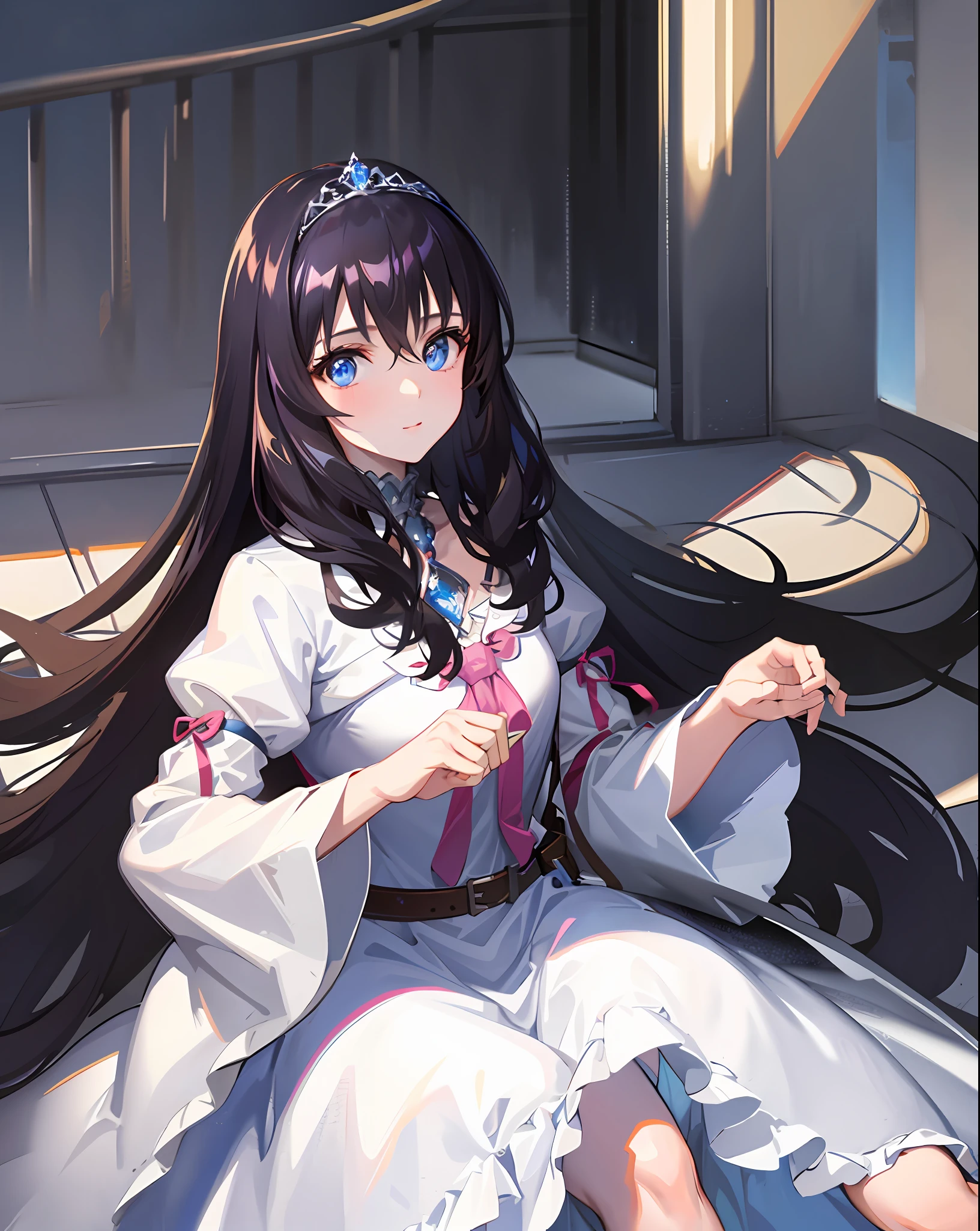 A beautiful and beautiful young princess with black hair with blue eyes, she is wearing her beautiful long white dress
