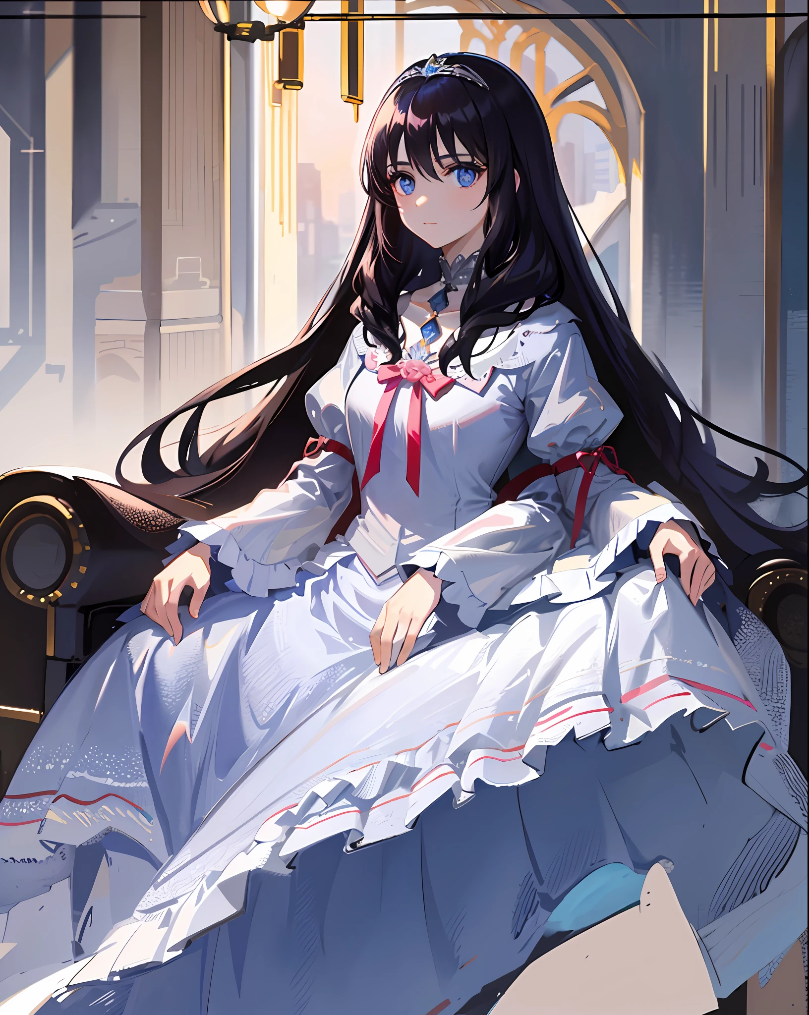 A beautiful and beautiful young princess with black hair with blue eyes, she is wearing her beautiful long white dress