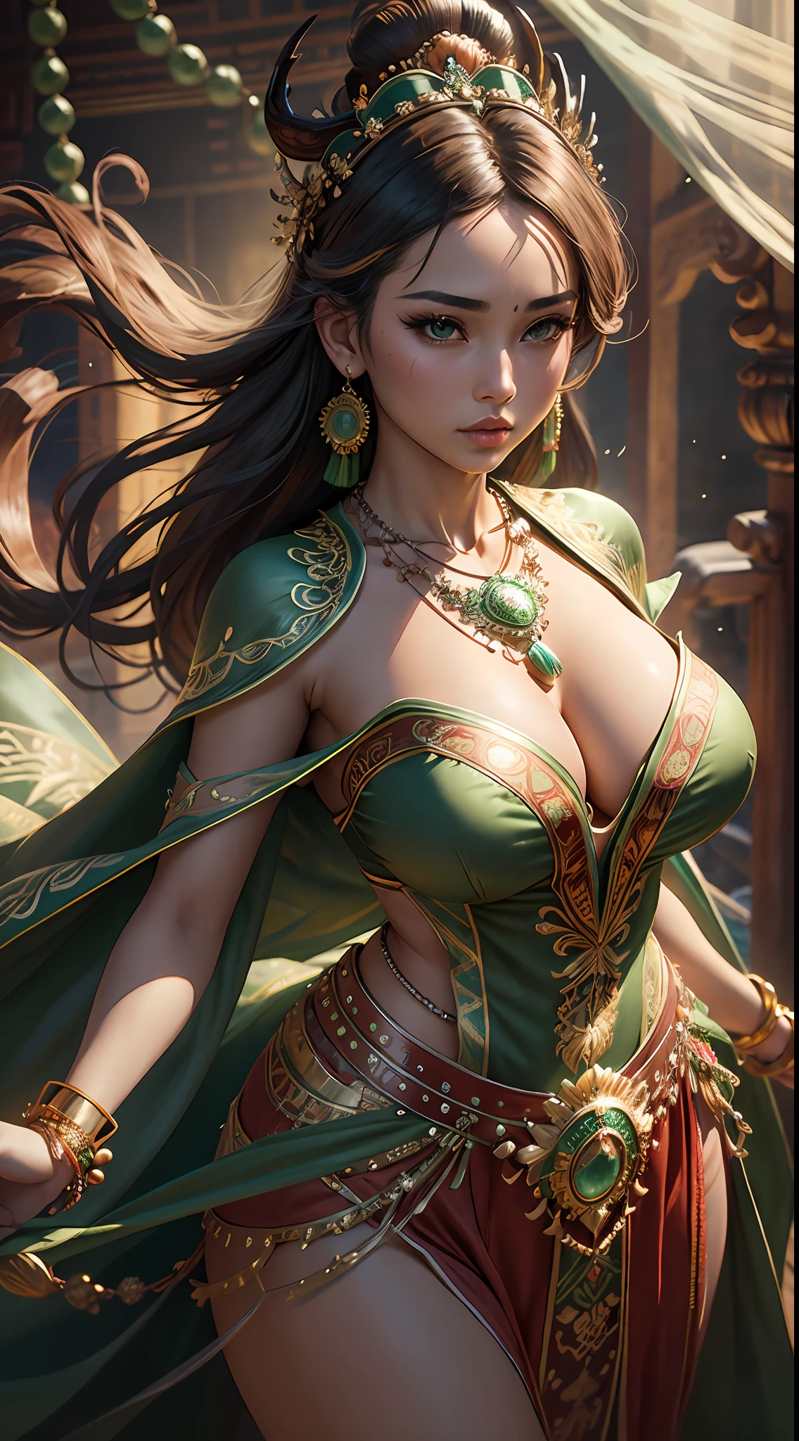 Best quality,masterpiece,ultra-detailed high res,(photorealistic:1.4),raw photo, tanned brown skin,illustration,
woman dancing,(solo:1.2),(cowboy shot:1.2),(hair crown:1.2), green Traditional chinese dunhuang style clothes,Strapless,(green eyeliner:1.2),(big breasts:1.4), (v-neck:1.5), (big necklace:1.4), lace armour, earrings,dynamic angle,Opera House,messy_long_hair,ink,cinematic lighting,lens_flare,Velvet,chrysanthemum,Tassel,Ribbon,color embroidery, underwater scenery