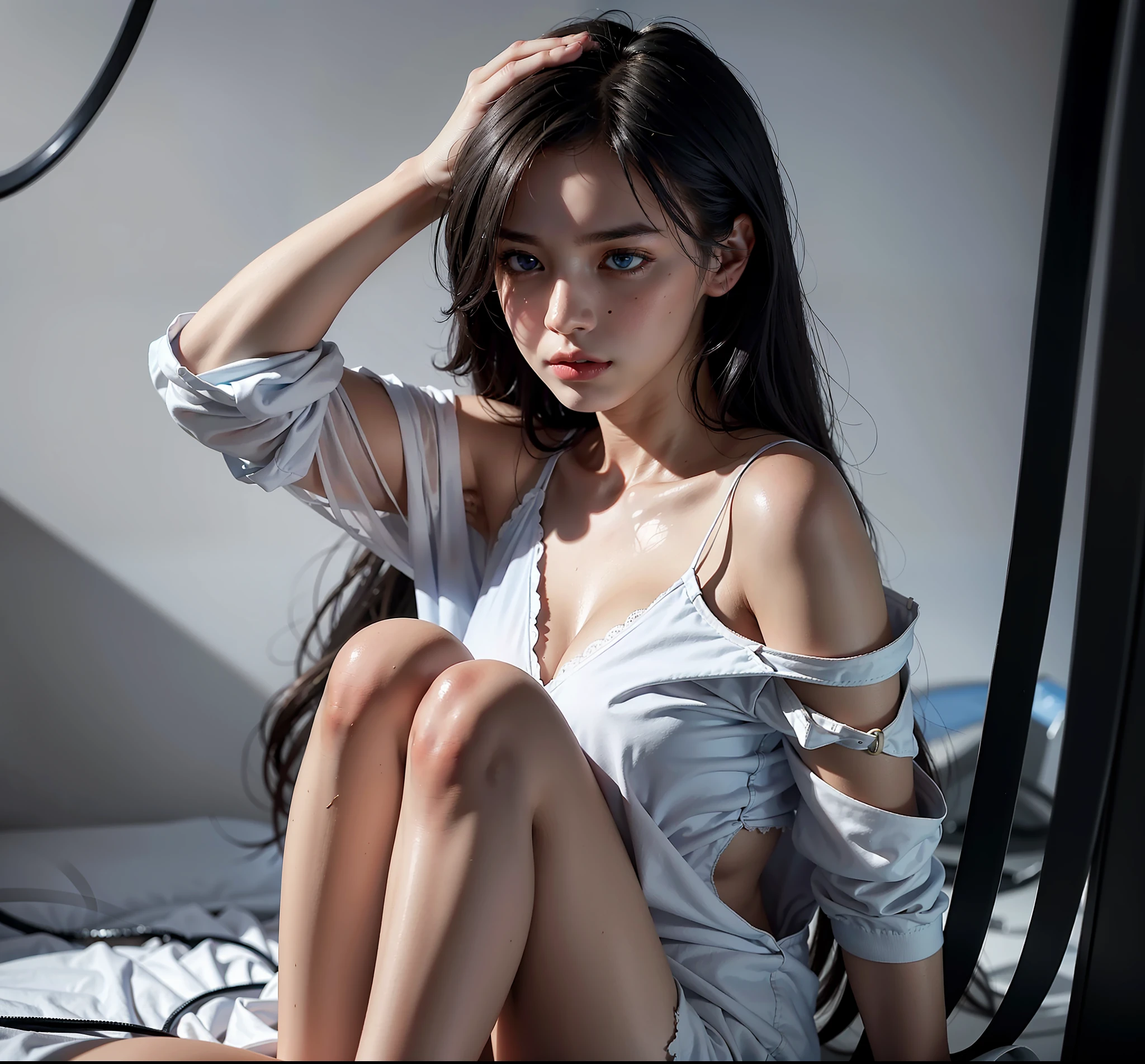 Superior Quality, Masterpiece, Ultra High Resolution, (Photorealistic: 1.4), Raw Photo, 1 Girl, Darkness, Deep Shadows, Discreet, Cold Light, Face, Inside a Cell, Trapped, Bound by Hands, Handcuffed by a Rope, Black Hair, Hair in Disorder, Light Skin, Blue Eyes, Sad, Expression of Sadness, Full Body, Knees, Sad Look, Torn Clothing, Casual Clothing, White Clothing, large room