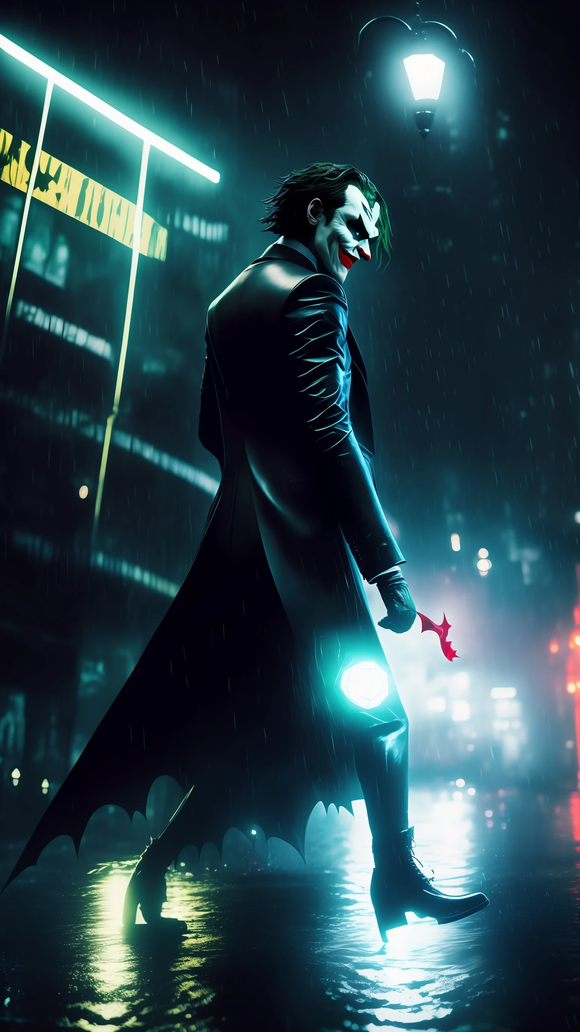 "Joker fighting Batman in the rain, in a dark and stormy environment, with cinematic lighting and ultra realistic details."