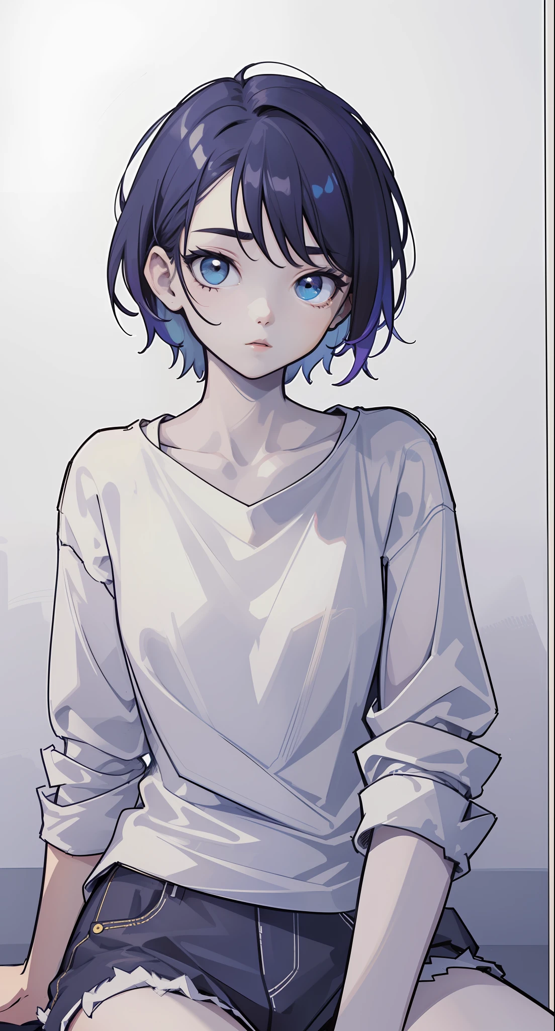 a drawing of a woman with a shirt on sitting down, line sketch, casual pose, 🤤 girl portrait, thoughtful pose, attractive androgynous humanoid, character concept portrait, line art portrait, delicate androgynous,character concept, androgynous person, perfect lineart, (full color, colorize, concept art, character design)