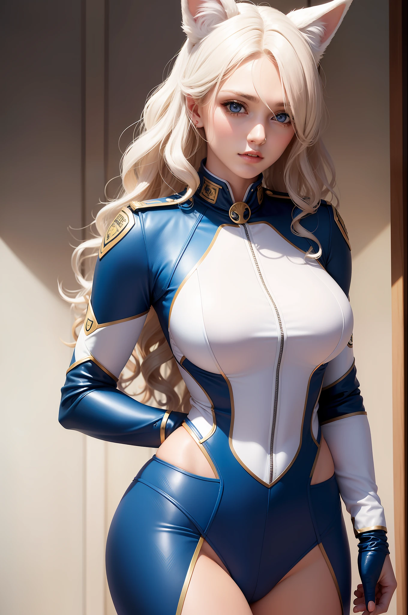 sexy woman with ,golden curly hair,Blue eyes,white fox ears,wear police suit