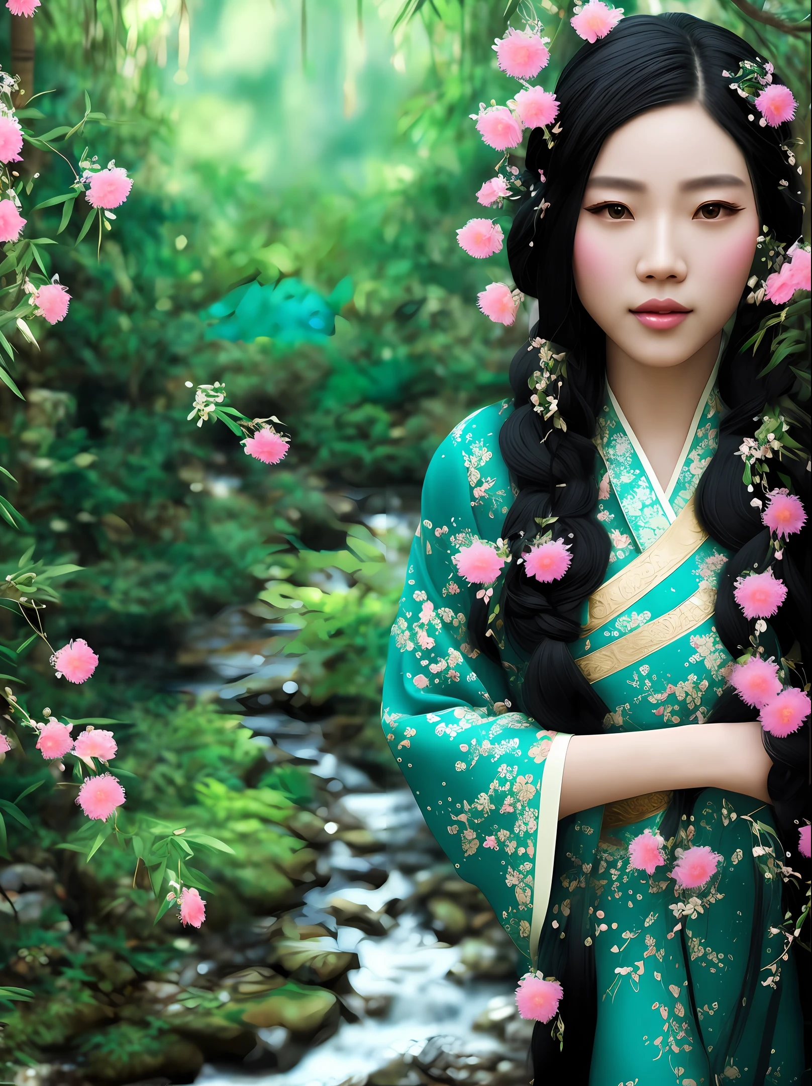 Magical epic ancient Chinese theme, ink style, fantasy style, martial arts style, temple, Chinese dragon, Chinese fairy tale, highly detailed, dynamic, expressive, clean lines, cinematic, amazing, realistic lights and shadows, vivid, vibrant, 8K, octane rendering, non-realistic engine, very detailed, concept art, realism, cry engine. , long black hair, braids, jewel-like black eyes, luxury, exquisite and gorgeous Hanfu, broken feeling, bamboo forest, forest in (((stream)))), forest ((((flowers and trees)))), blue-green tones, bamboo forest, outdoors, glowing bamboo, highest quality, masterpiece, masterpiece, ultimate detail, peerless beauty, 8k, gorgeous light and shadow, messy hair, delicate hairstyle, delicate facial features, delicate hair portrayal, (original painting), flowing, white gauze, dewdrops, pearl bamboo leaves, pearls