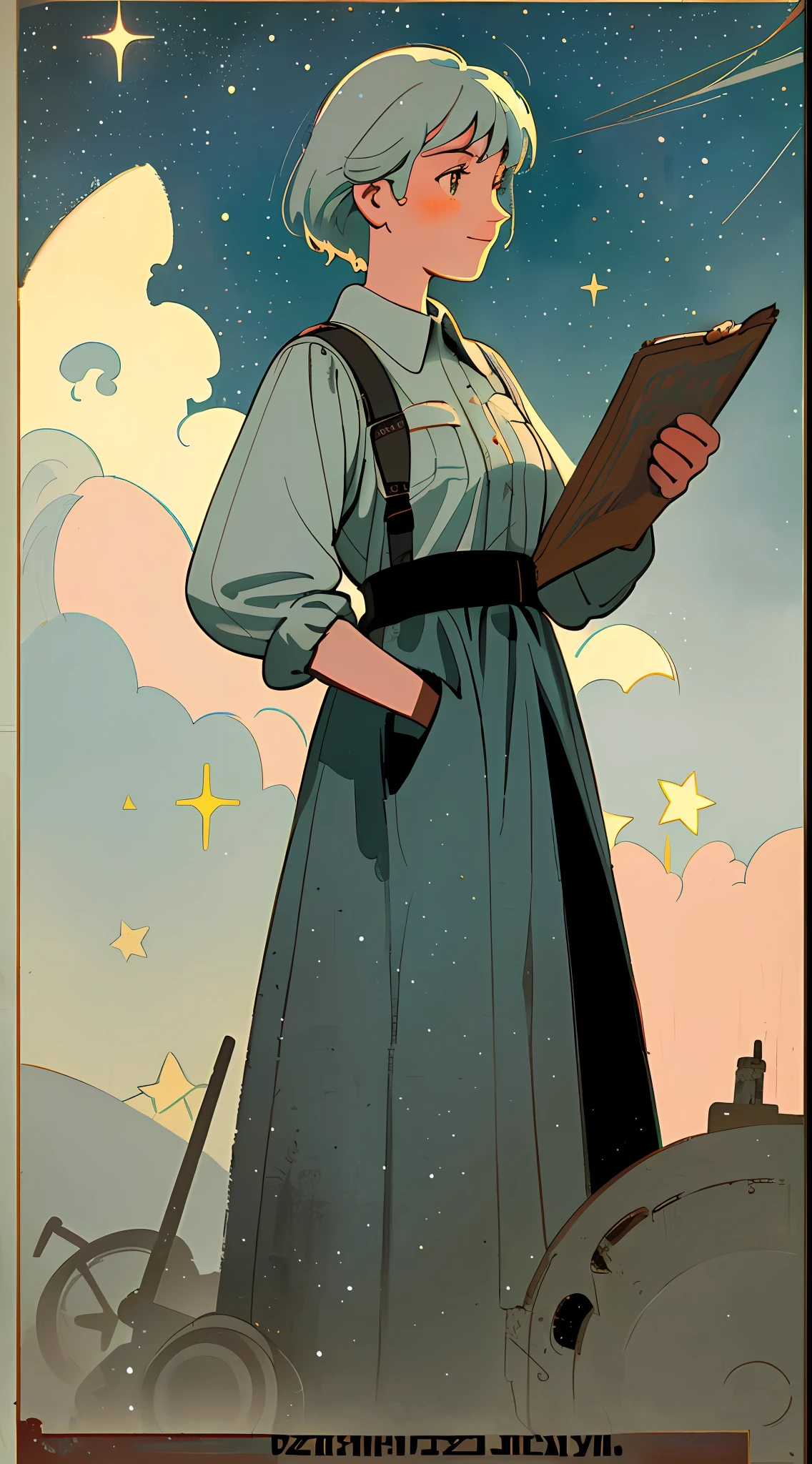 (masterpiece), (best quality), (best detail), (worn paper borders), (main color of illustration: pastel blue), (secondary color: pastel light gray), vintage advertising poster with Soviet-style lettering 60', beautiful woman cheerful posture, dirty and old western industrial scene, at night (sky with many stars), shading (detailed, much contrast), very saturated pulp colors