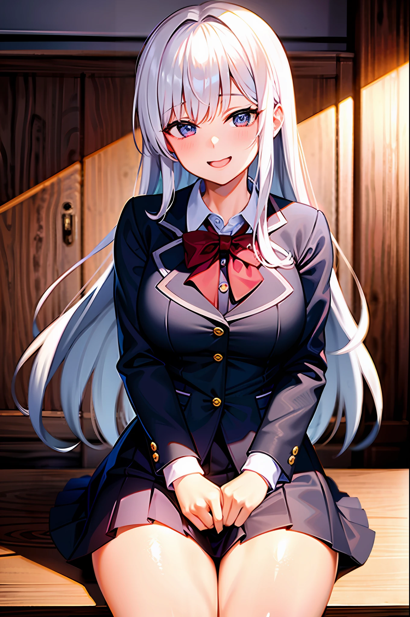 Girl in school uniform with white hair smiling cheerful face sitting in a sexy way blushing