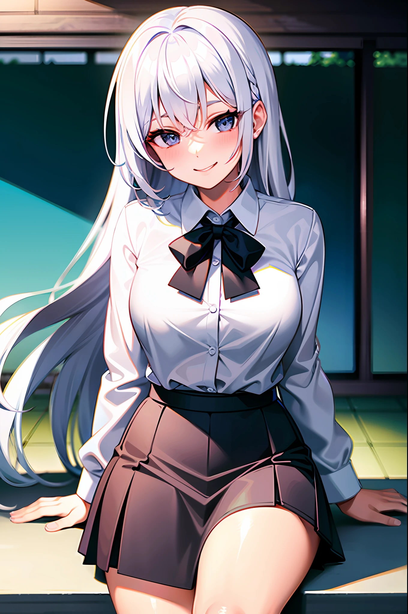 Girl in school uniform with white hair smiling cheerful face sitting in a sexy way blushing
