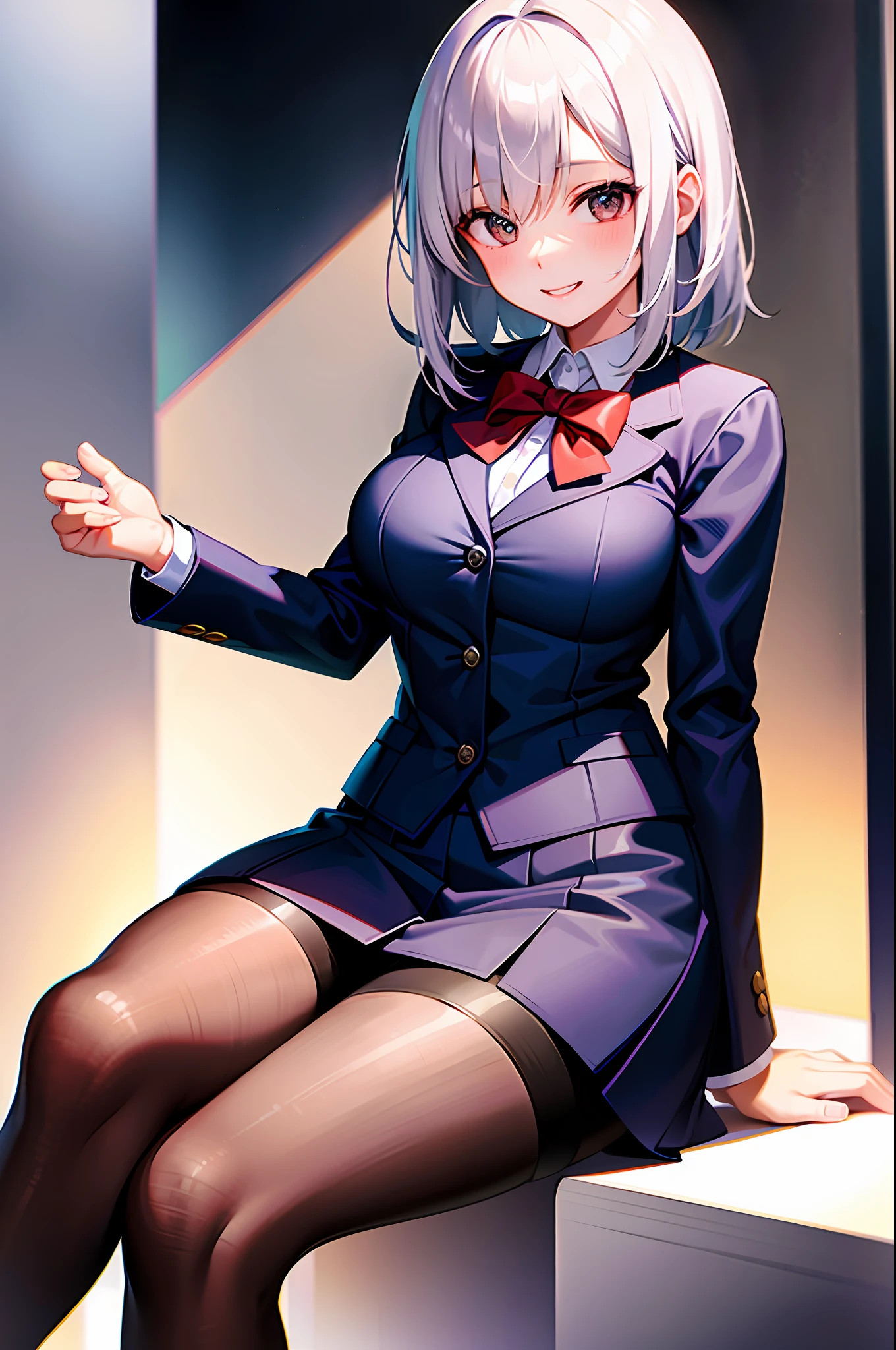 Girl in school uniform with white hair smiling cheerful face sitting in a sexy way blushing