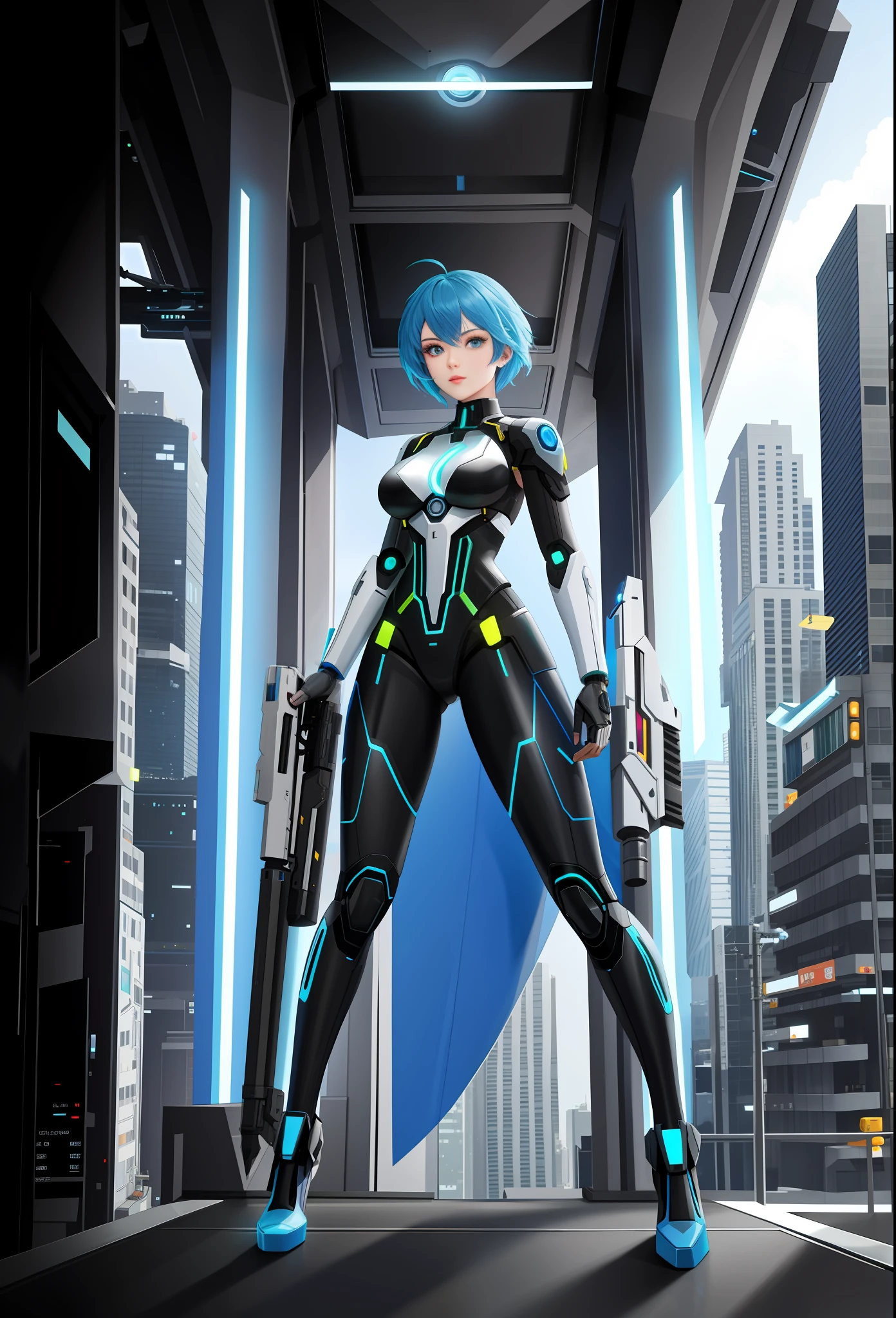 Full body photo, Humanoid robot woman, half human half robot body with futuristic costume, with power cables, blue lights on her chest, she has a half human head and half with robot parts showing, short blue hair, one green eye and another eye is mechanical with laser sight, looking at the viewer, from the front, big breasts, body half human and half mechanical, she is in a futuristic city at war between humans and machines, she is holding futuristic weapons of high caliber, cyberpunk, troll, anime, Pop art, masterpiece, 16k, high details, UHD, best quality