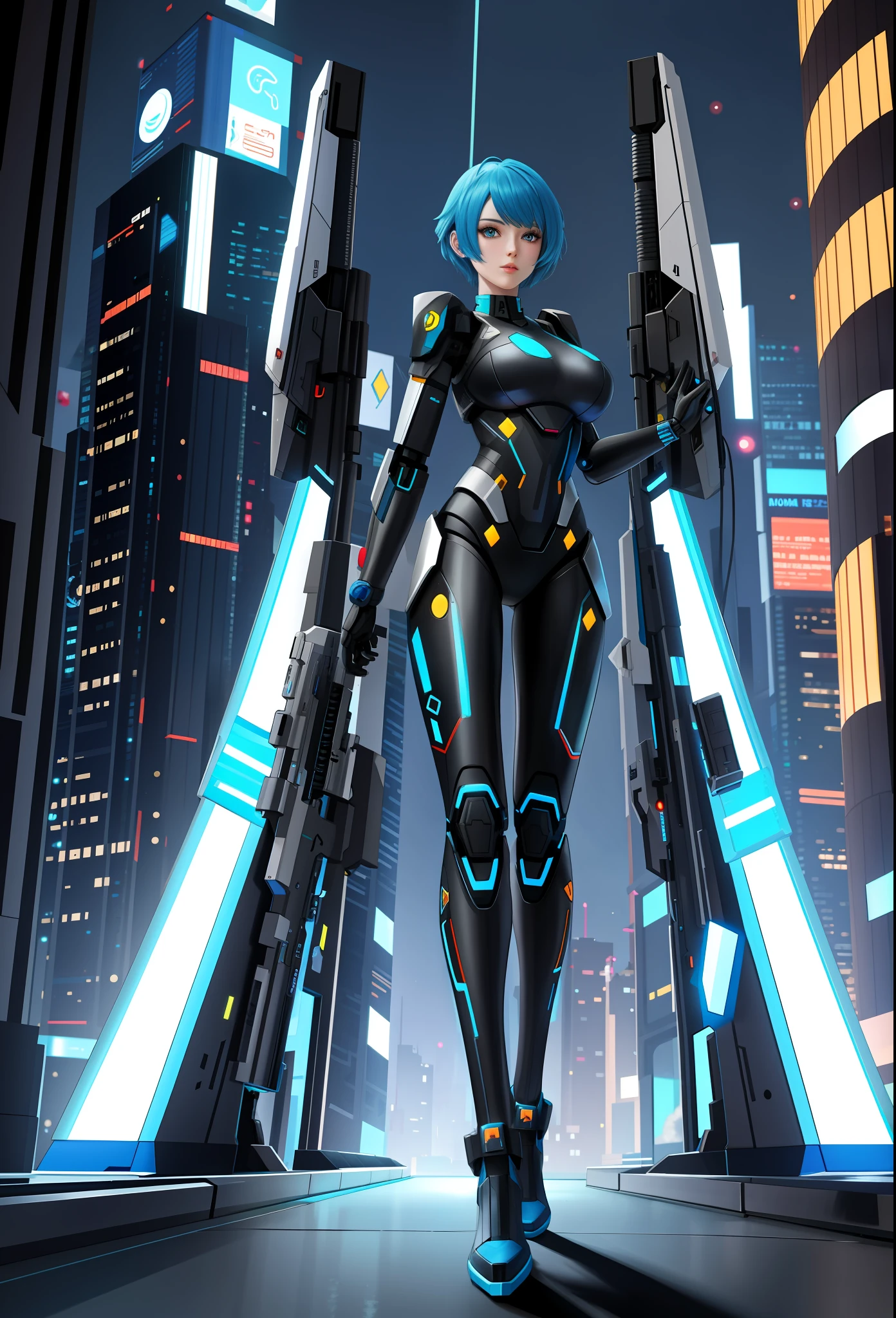 Full body photo, Humanoid robot woman, half human half robot body with futuristic costume, with power cables, blue lights on her chest, she has a half human head and half with robot parts showing, short blue hair, one green eye and another eye is mechanical with laser sight, looking at the viewer, from the front, big breasts, body half human and half mechanical, she is in a futuristic city at war between humans and machines, she is holding futuristic weapons of high caliber, cyberpunk, troll, anime, Pop art, masterpiece, 16k, high details, UHD, best quality