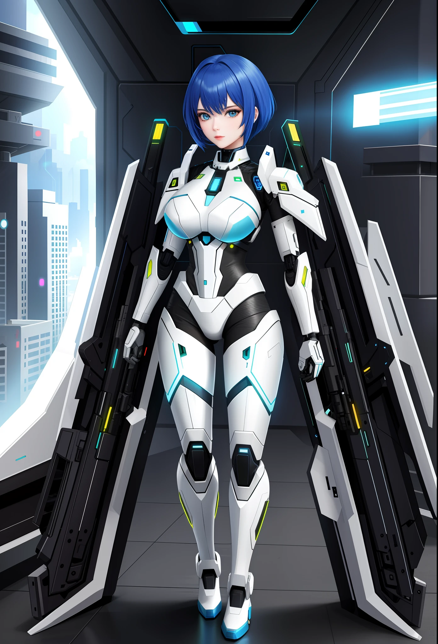 Full body photo, Humanoid robot woman, half human half robot body with futuristic costume, with power cables, blue lights on her chest, she has a half human head and half with robot parts showing, short blue hair, one green eye and another eye is mechanical with laser sight, looking at the viewer, from the front, big breasts, body half human and half mechanical, she is in a futuristic city at war between humans and machines, she is holding futuristic weapons of high caliber, cyberpunk, troll, anime, Pop art, masterpiece, 16k, high details, UHD, best quality