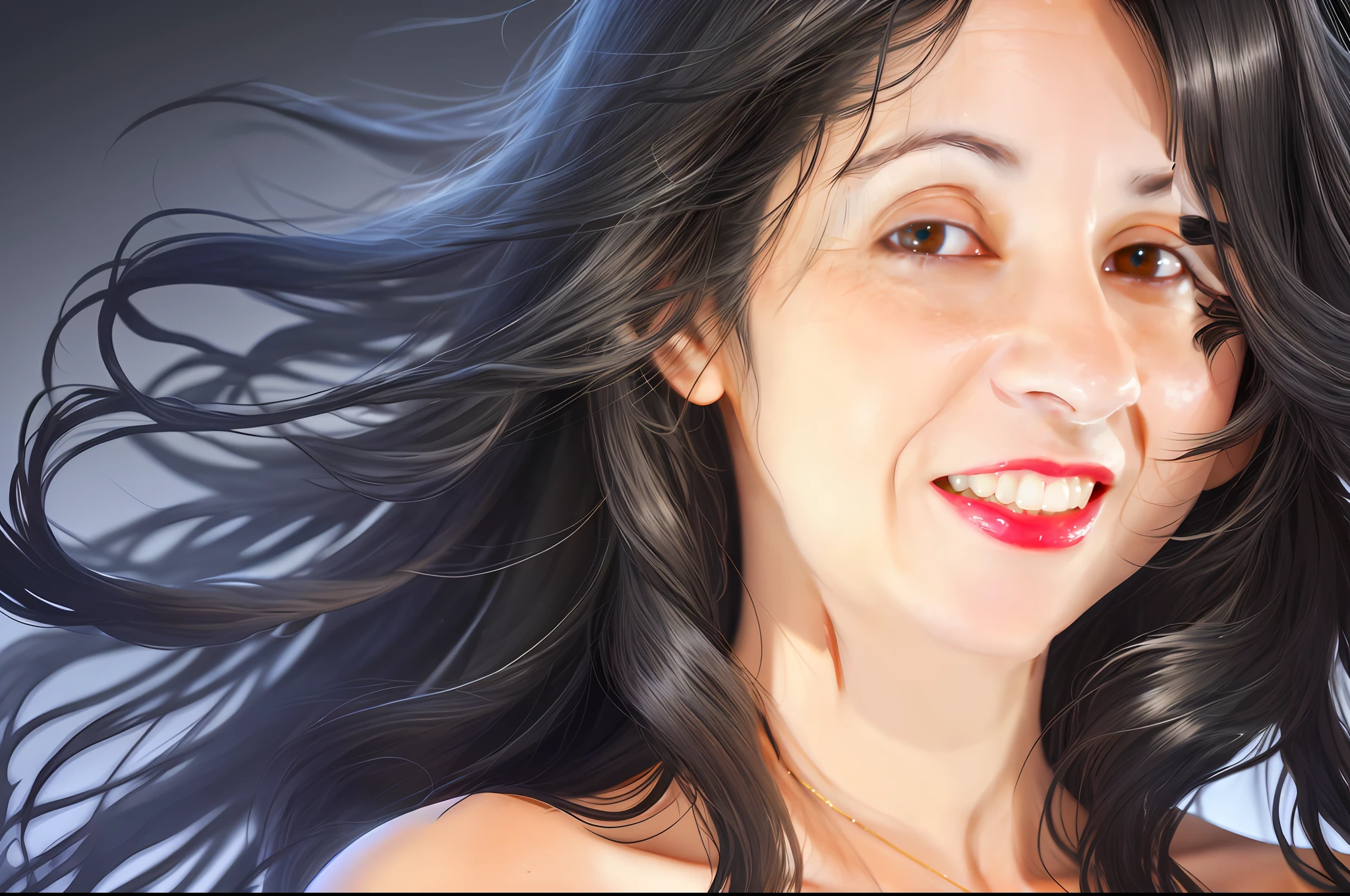 Large glossy black hair, long curly black hair, frizzy black hair, photographic studio, blurred background, professional studio lighting, hair loose in the wind, hyper details, cinematic lighting, brightness, jpeg artifacts, reflective light, backlighting, projected shadow, Fujicolor, image fill, UHD, retina, masterpiece, ccurate, anatomically correct, textured skin, super detail, high details, high quality, award-winning, best quality,  highres, 1080P, HD, 4K, 8k, 16k
