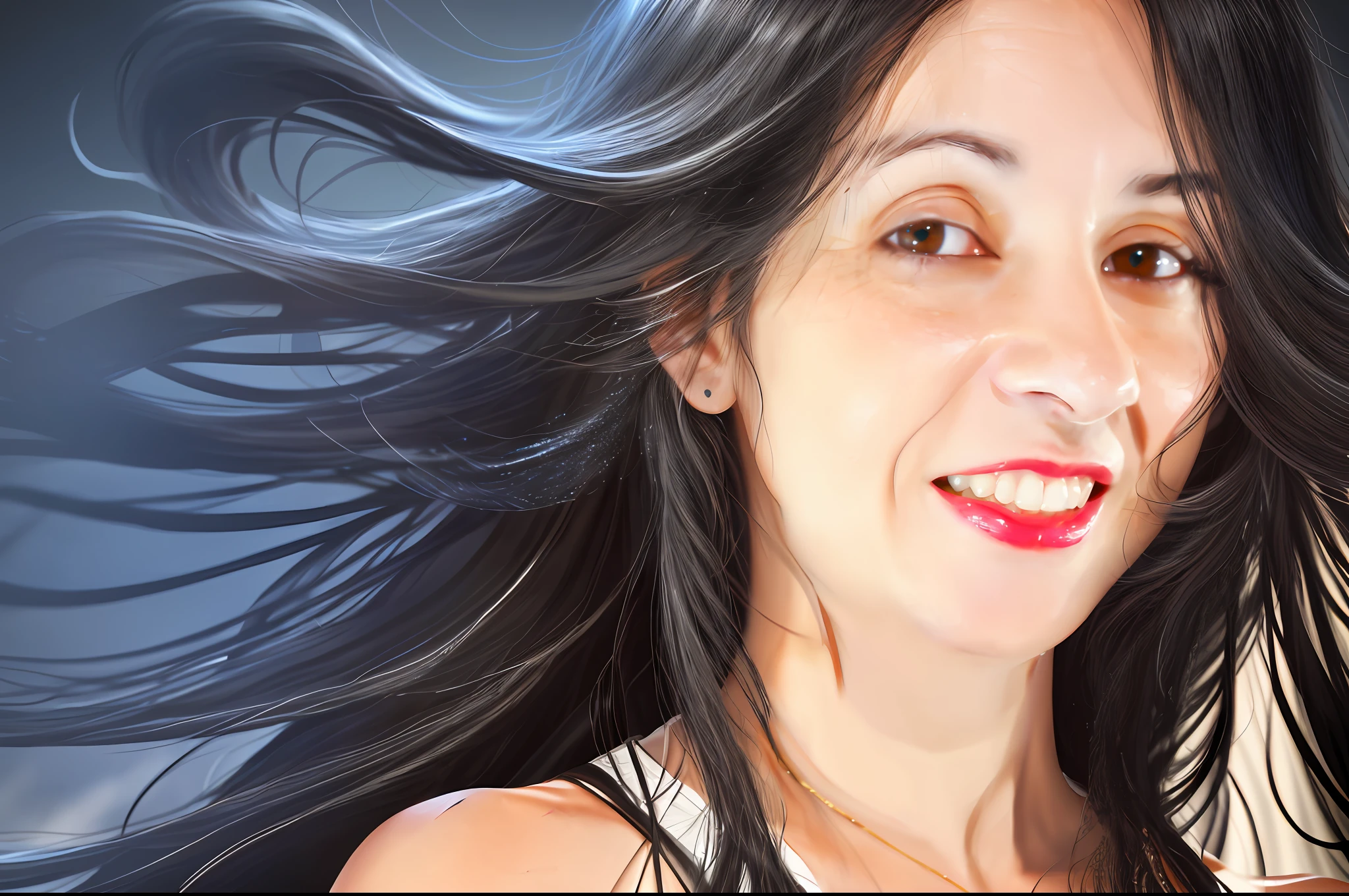 Large glossy black hair, long curly black hair, frizzy black hair, photographic studio, blurred background, professional studio lighting, hair loose in the wind, hyper details, cinematic lighting, brightness, jpeg artifacts, reflective light, backlighting, projected shadow, Fujicolor, image fill, UHD, retina, masterpiece, ccurate, anatomically correct, textured skin, super detail, high details, high quality, award-winning, best quality, highres, 1080P, HD, 4K, 8k, 16k