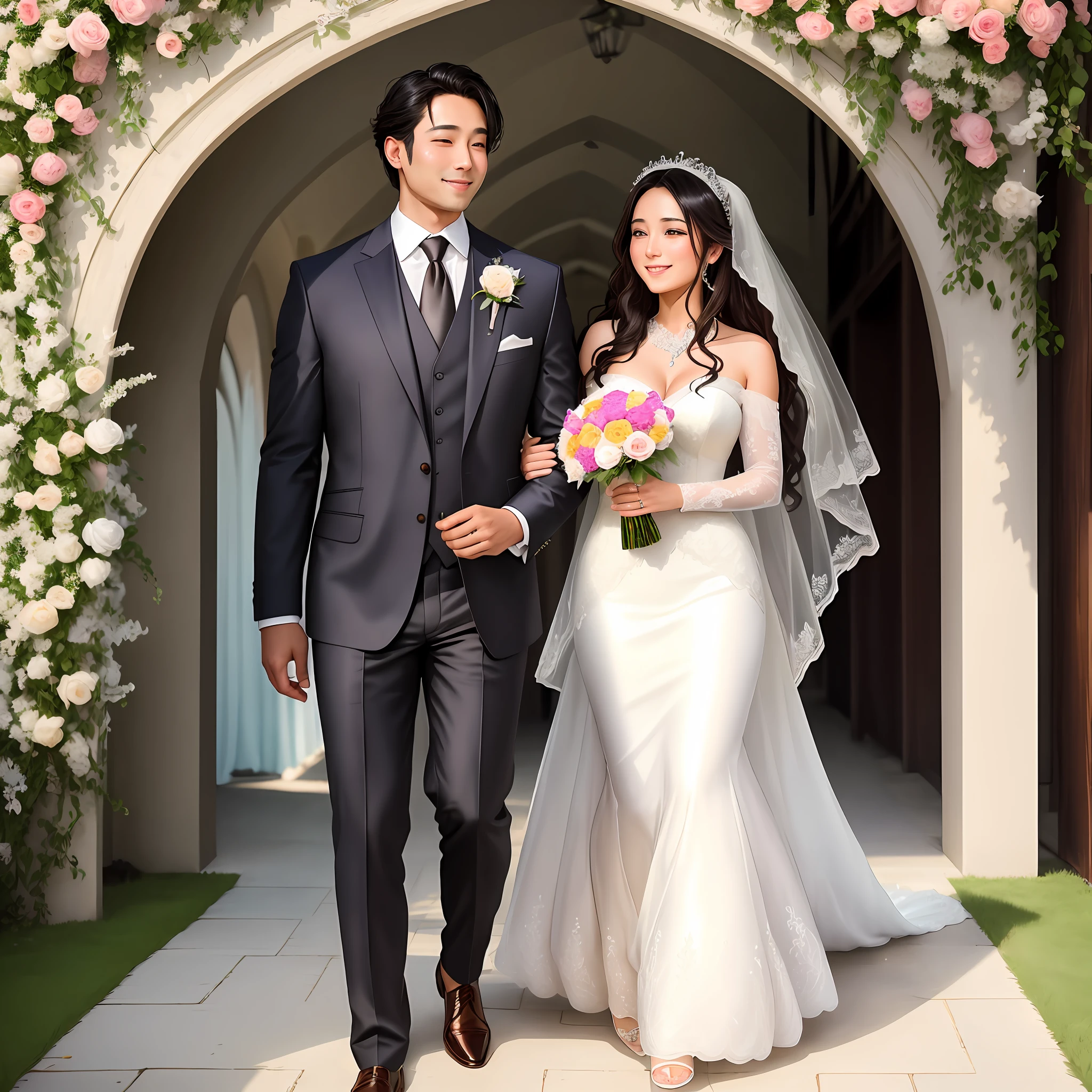 Describe an enchanting wedding scene where a brunette woman with shoulder-length wavy hair and sparkling amber eyes is radiant in a stunning wedding dress. Her flowing white gown stretches to the floor, adorned with delicate lace detailing and sparkling pearls. The transparent veil drapes smoothly over your shoulders, enhancing your natural beauty. In her hands she holds a bouquet of fresh and colorful flowers, harmoniously blending in with the surrounding decor. Soft, fragrant petals in pastel tones form a dazzling composition in your delicate hands. Beside her, the husband proudly wears an elegant dark suit that highlights his firm and confident posture. His eyes brim with love and admiration as he gently holds the bride's hand, showing their deep connection and mutual commitment. The setting is an idyllic wedding ceremony, with flower-bedecked benches and a gentle breeze bringing a sense of romance to the air. In the background, an arch of bright flowers and a picturesque landscape, such as a lush garden or a stunning beach, create the perfect environment for that special union. Emotions are palpable as guests smile, holding back tears of joy, witnessing this moment of everlasting love. Happiness overflows in the atmosphere, celebrating the union of these two hearts that now become one, while promising lifelong love and commitment. 8k ultra HD Vivid colors masterpiece ultra resolution