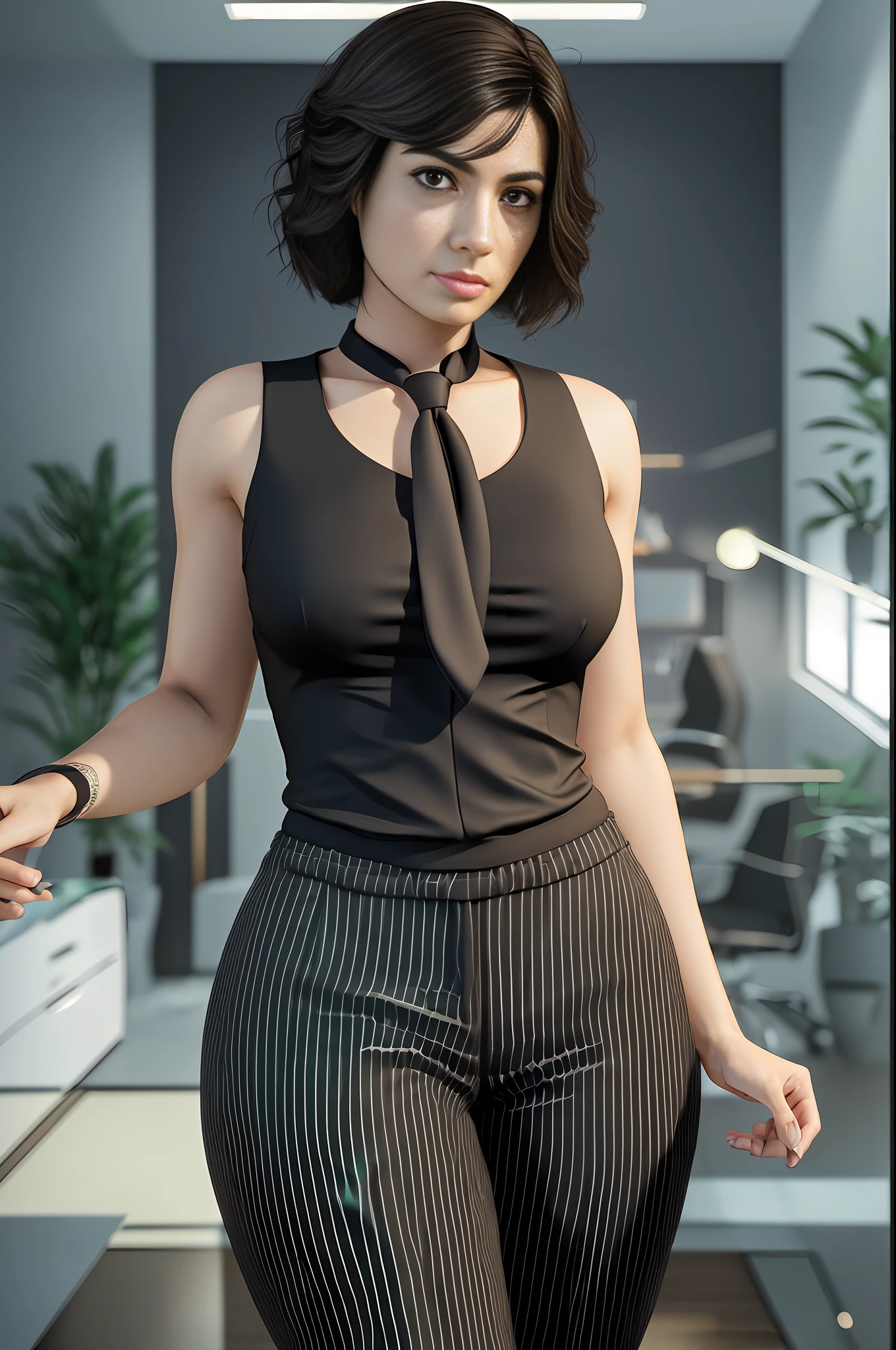 A Brazilian woman, (green eye). 1.5m tall, 75kg, (short hair: 0.3), (straight hair), (black hair), (round face: 1.7) wearing ((pants)) and (black social suit), female tie, curly arms, ((((serious businesswoman pose)))), inside the office, (four fingers and a thumb), (soft tones:1.25), (HDR:1.25), (artstation:1.2), dramatic, (intricate details:1.14), (hyperrealistic 3d render:1.16), (filmic:0.55), (rutkowski:1.1), (faded:1.3)