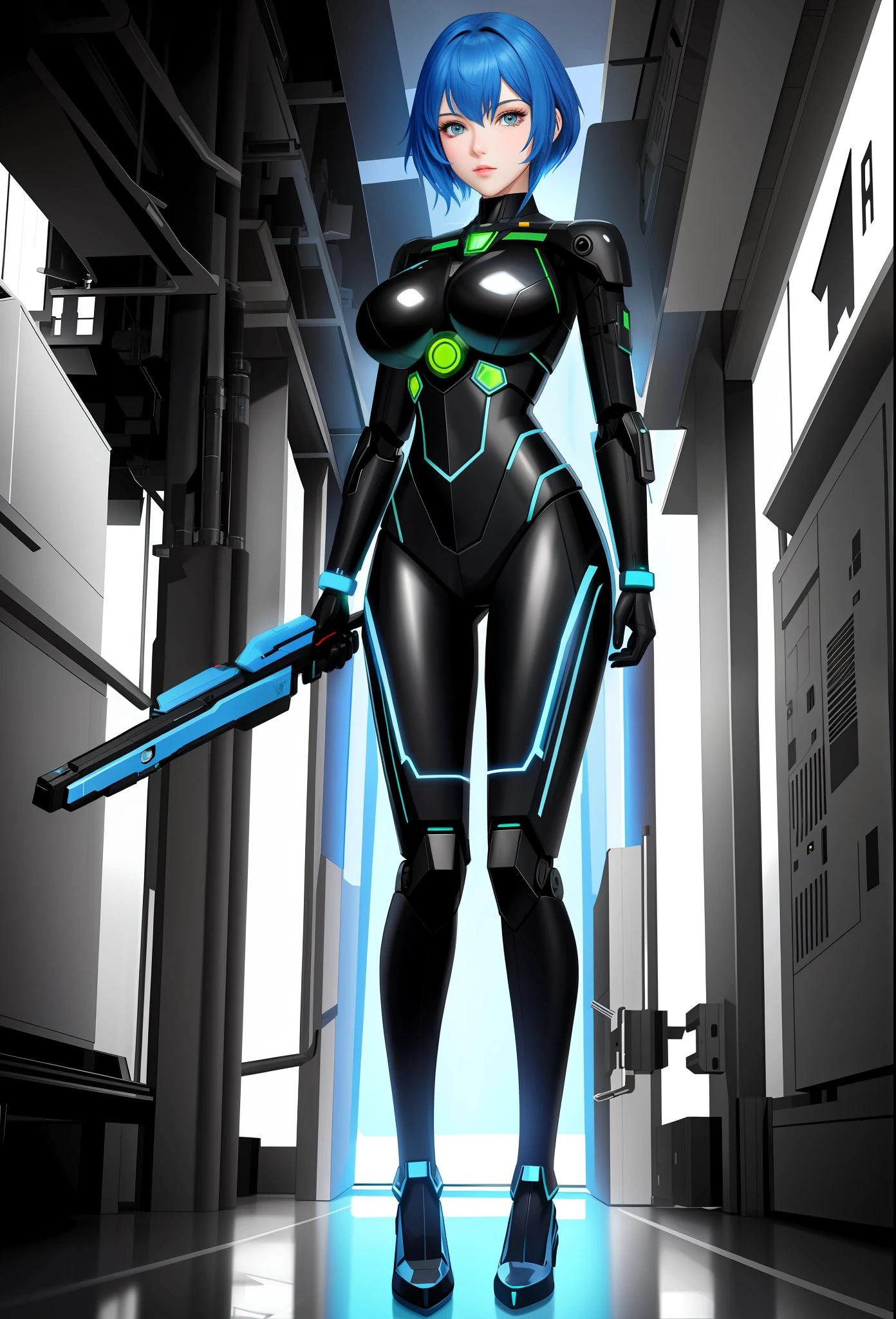 Full body photo, Humanoid robot woman, half human half robot body in robotic suit, with power cables, blue lights on chest, she has the ((half human head and half with robot parts showing)), short blue hair, one green eye, looking at the viewer, from the front, big breasts, body half human and half mechanical, she is in a futuristic city at war between humans and machines, she is holding futuristic weapons of large caliber, cyberpunk, troll, anime, Pop art, masterpiece, 16k, high details, UHD, best quality