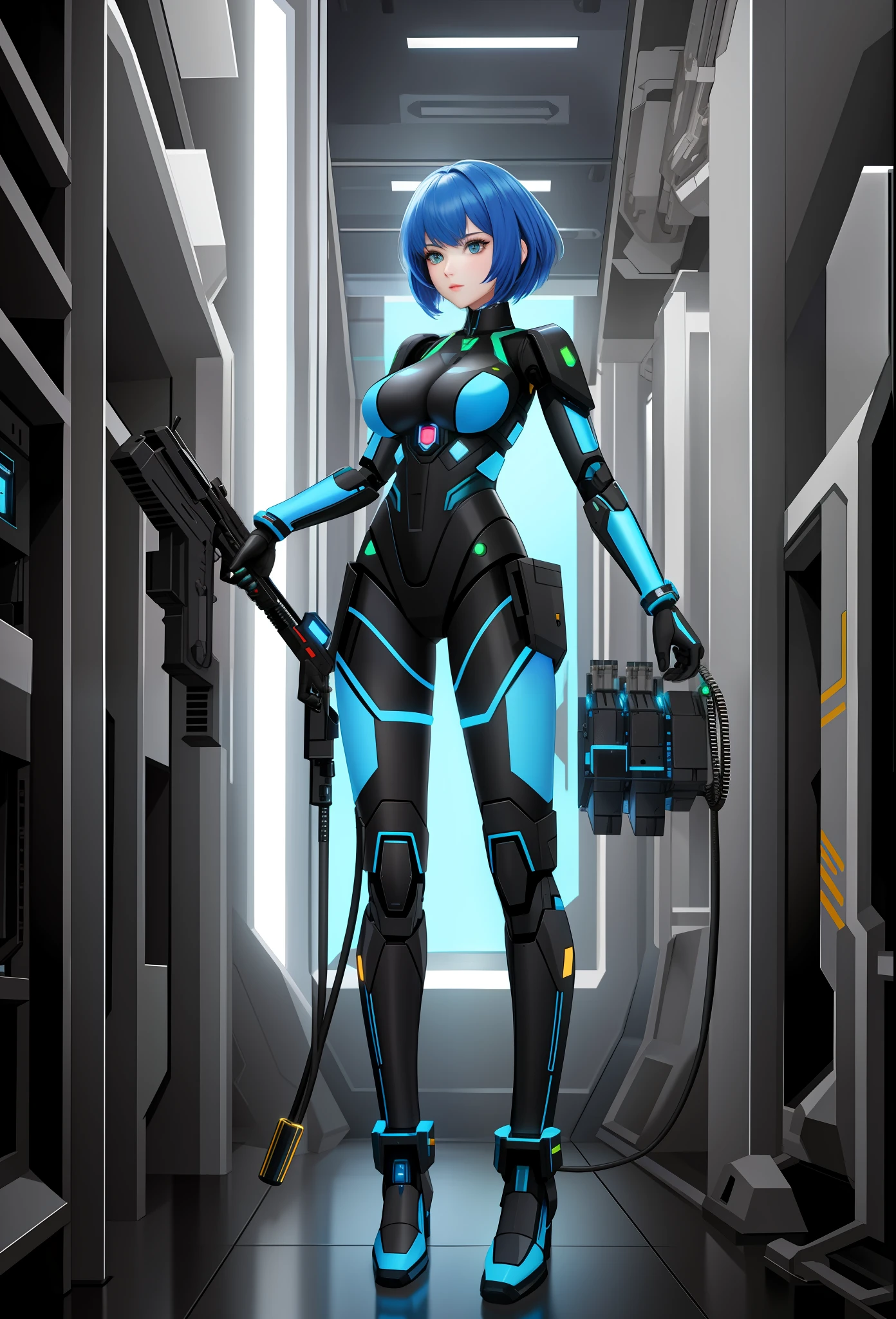 Full body photo, Humanoid robot woman, half human half robot body in robotic suit, with power cables, blue lights on chest, she has the ((half human head and half with robot parts showing)), short blue hair, one green eye, looking at the viewer, from the front, big breasts, body half human and half mechanical, she is in a futuristic city at war between humans and machines, she is holding futuristic weapons of large caliber, cyberpunk, troll, anime, Pop art, masterpiece, 16k, high details, UHD, best quality