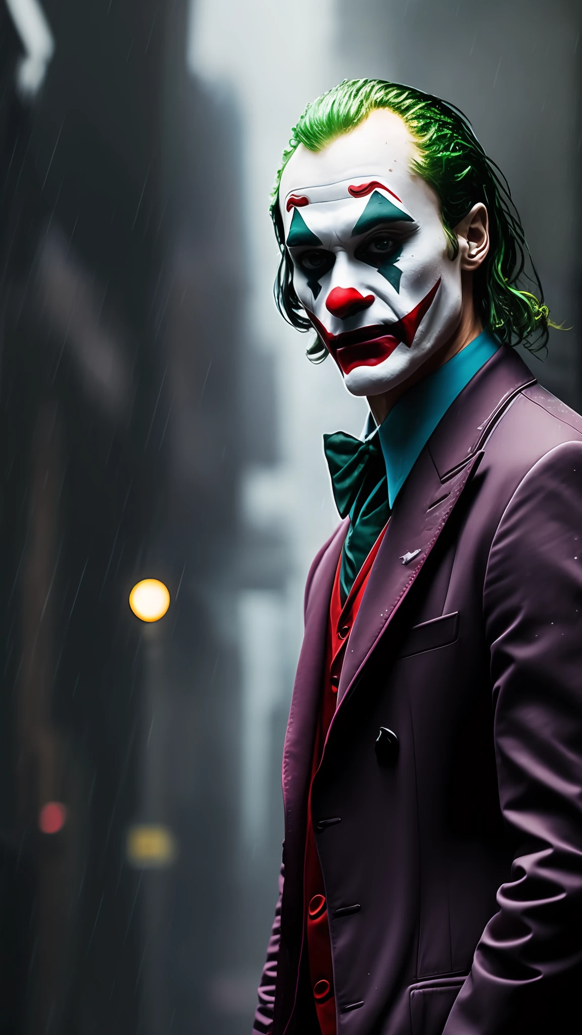 "Joker in the rain, in a dark and stormy environment, with cinematic lighting and ultra realistic details, realistic photo, cinematic photography, incredibly detailed, film lighting.