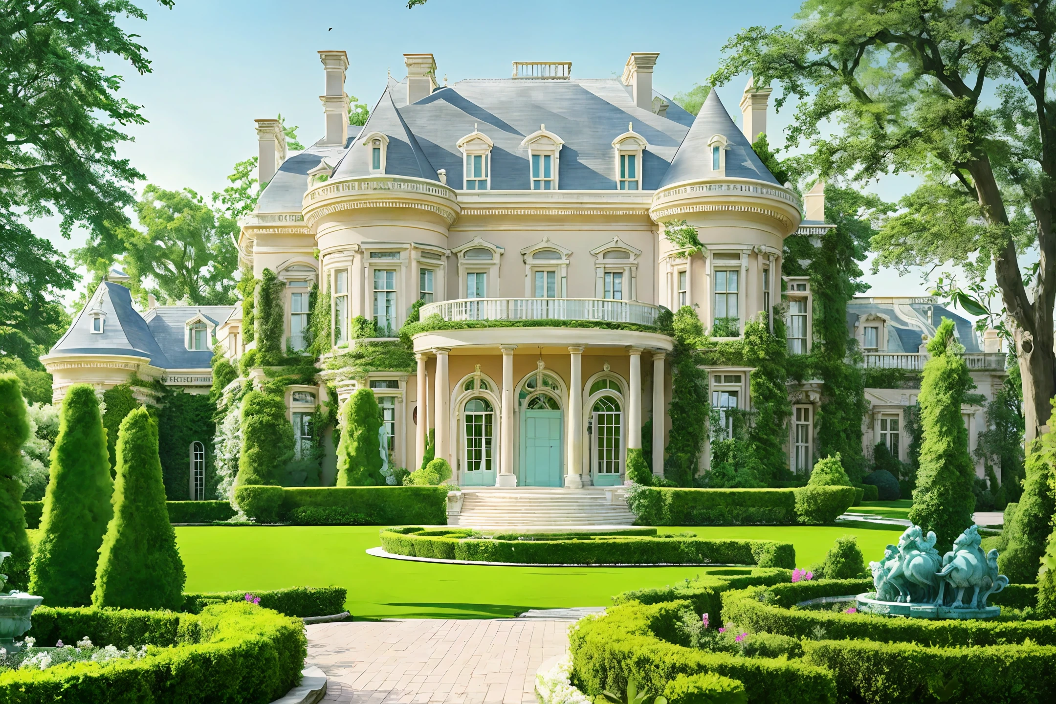 Mansion in neo classical style, in pastel color, with façade details in natural stone, with a large and beautiful garden in front of the mansion, with large trees and flowering shrubs around.