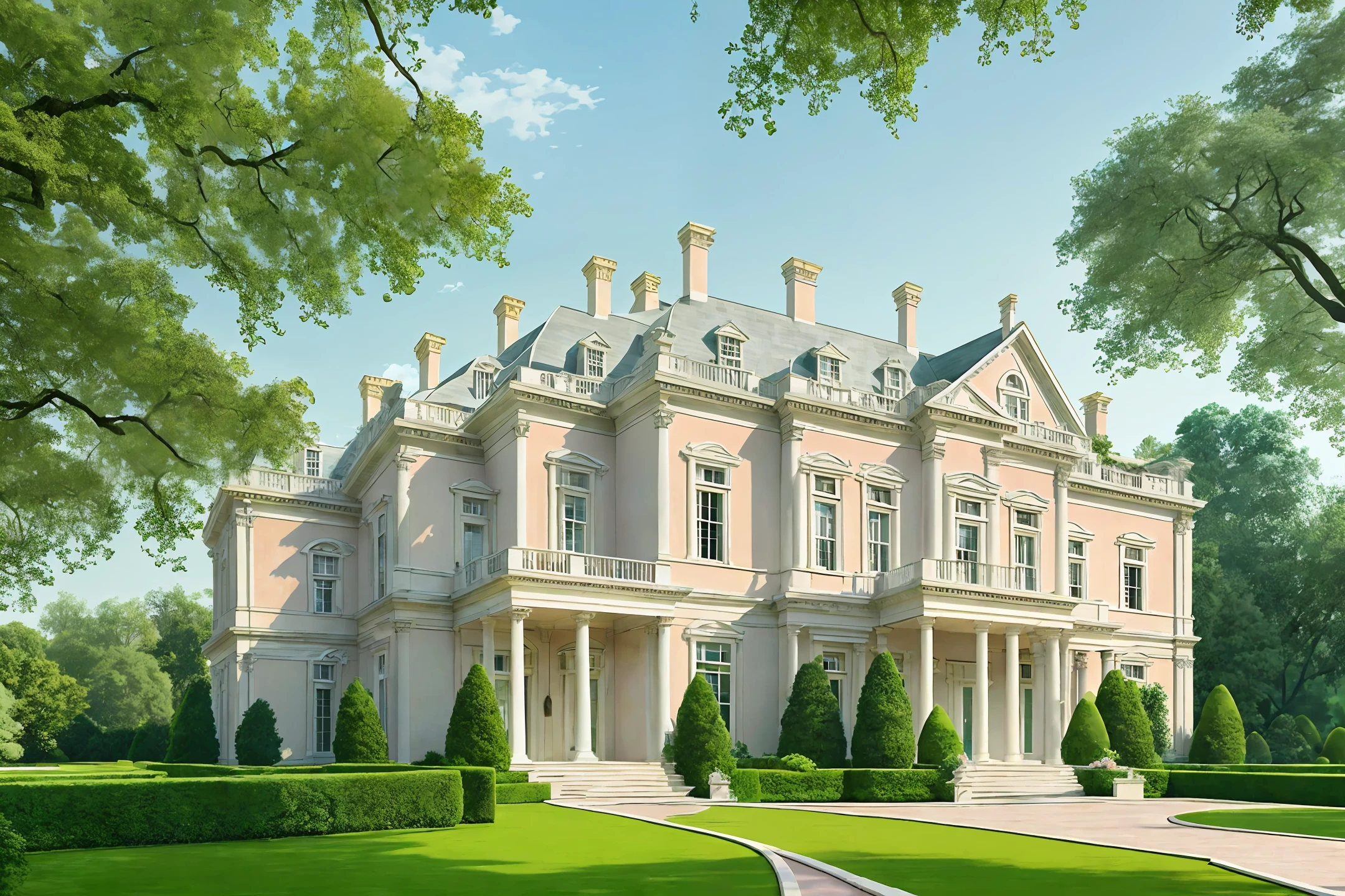 Mansion in neo classical style, in pastel color, with façade details in natural stone, with a large and beautiful garden in front of the mansion, with large trees and flowering shrubs around.