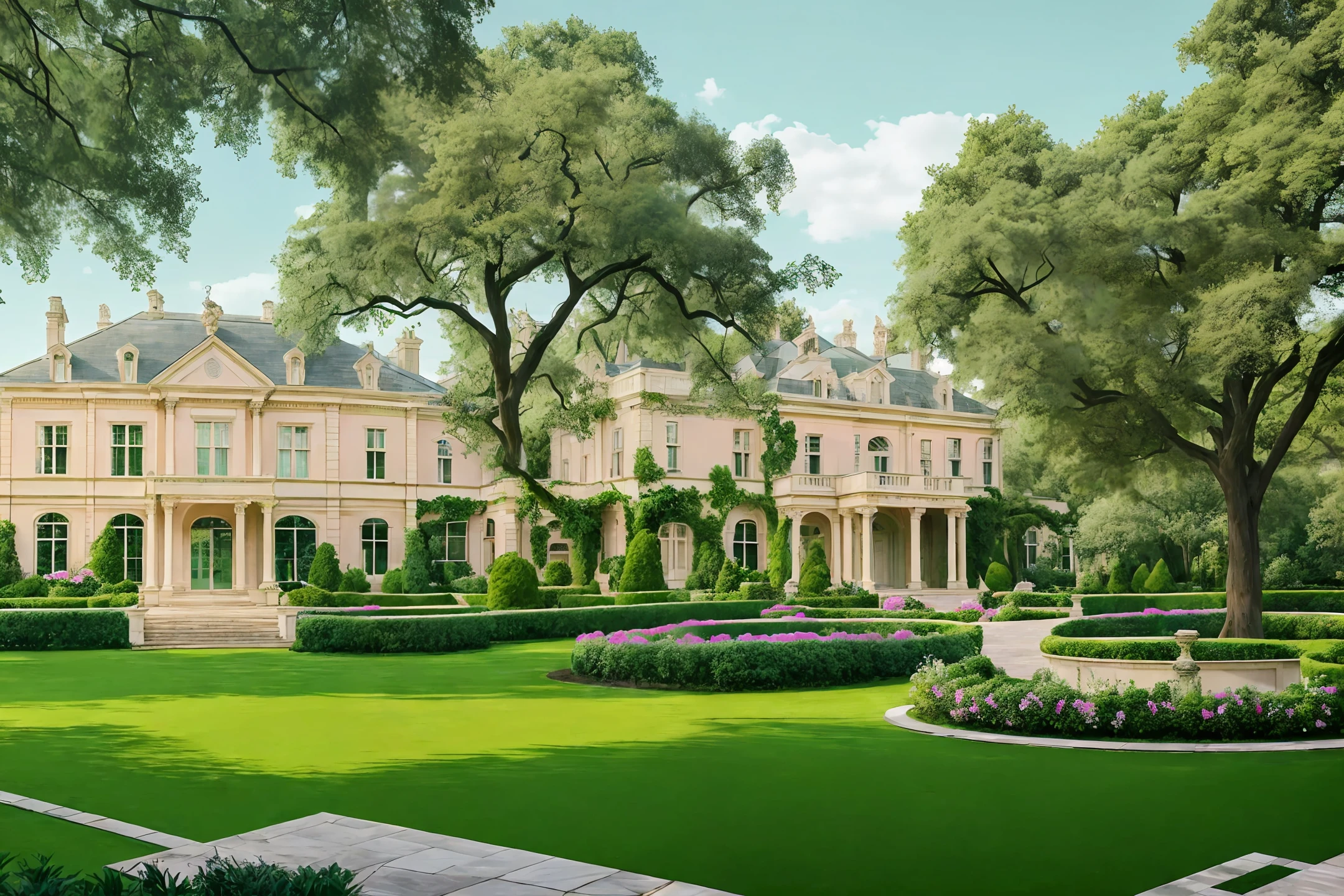 Mansion in neo classical style, in pastel color, with façade details in natural stone, with a large and beautiful garden in front of the mansion, with large trees and flowering shrubs around.