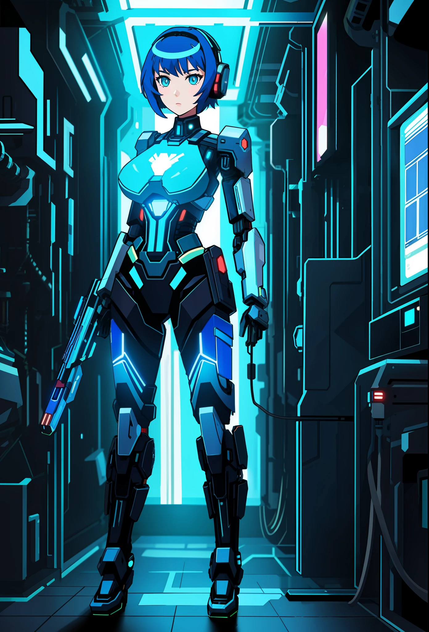 Full body photo, Humanoid robot woman, half human half robot body in robotic suit, with power cables, blue lights on chest, she has the ((half human head and half with robot parts showing)), short blue hair, one green eye, looking at the viewer, from the front, big breasts, body half human and half mechanical, she is in a futuristic city at war between humans and machines, she is holding futuristic weapons of large caliber, cyberpunk, troll, anime, Pop art, masterpiece, 16k, high details, UHD, best quality