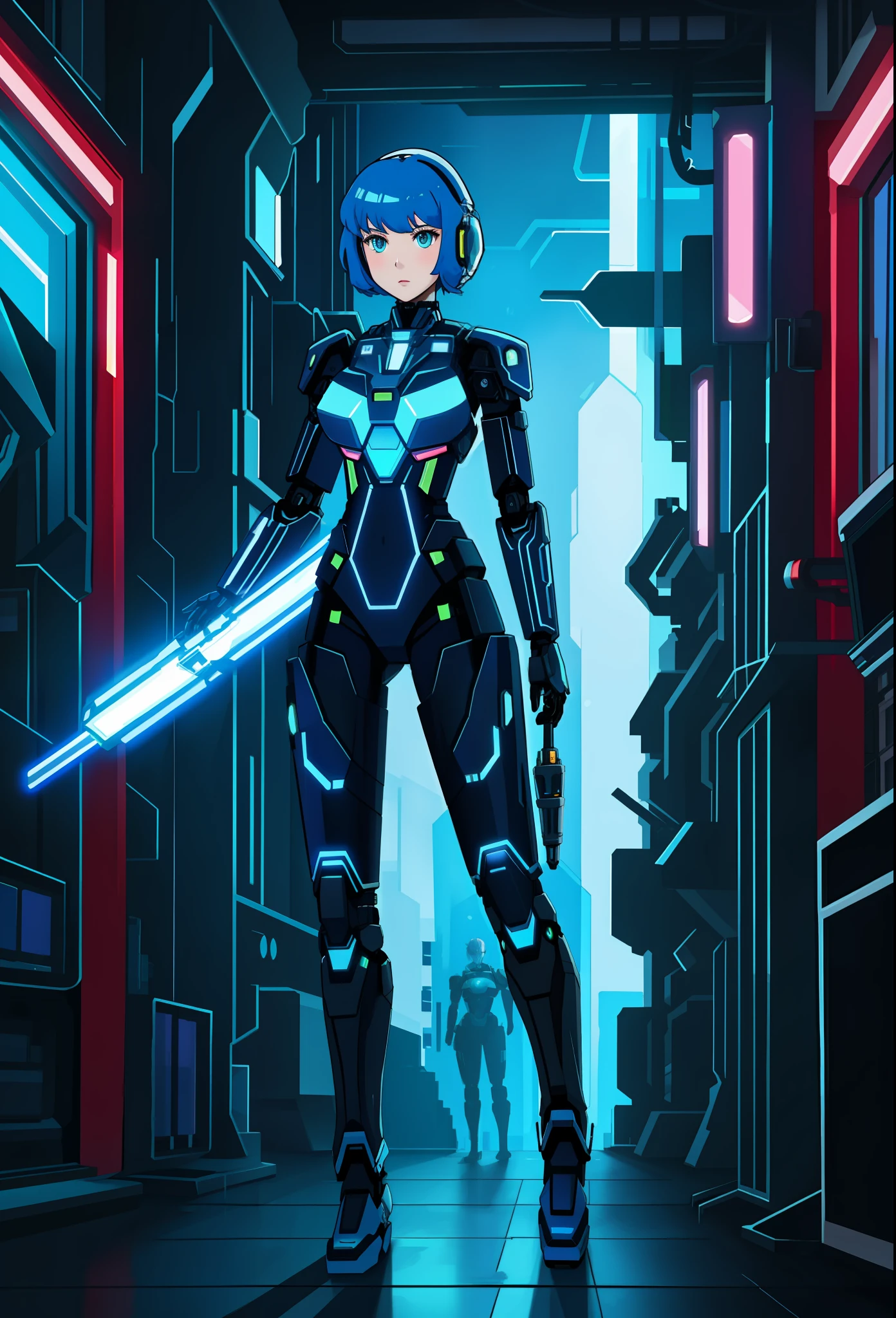 Full body photo, Humanoid robot woman, half human half robot body in robotic suit, with power cables, blue lights on chest, she has the ((half human head and half with robot parts showing)), short blue hair, one green eye, looking at the viewer, from the front, big breasts, body half human and half mechanical, she is in a futuristic city at war between humans and machines, she is holding futuristic weapons of large caliber, cyberpunk, troll, anime, Pop art, masterpiece, 16k, high details, UHD, best quality