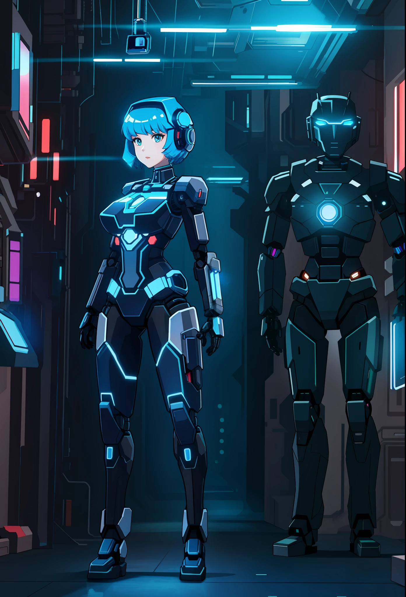 Full body photo, Humanoid robot woman, half human half robot body in robotic suit, with power cables, blue lights on chest, she has the ((half human head and half with robot parts showing)), short blue hair, one green eye, looking at the viewer, from the front, big breasts, body half human and half mechanical, she is in a futuristic city at war between humans and machines, she is holding futuristic weapons of large caliber, cyberpunk, troll, anime, Pop art, masterpiece, 16k, high details, UHD, best quality