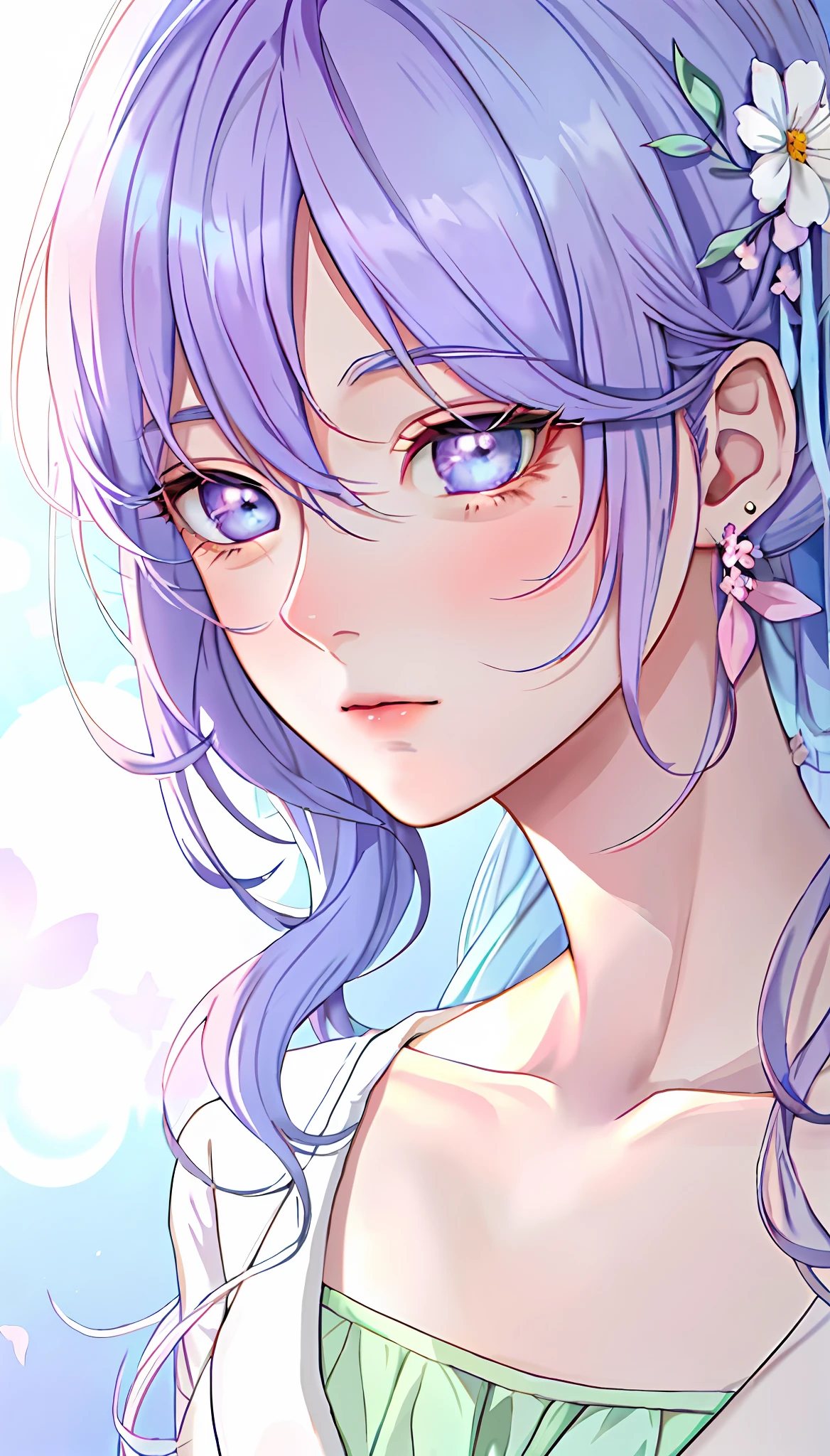 (Beautiful anime portrait, anime aesthetics, pastel illustration style, highly refined doujin art) Girl with blue hair and earrings, lavender eyes, clear and bright eyes, a flower in hair, very detailed details, high-quality doujin art quality, soft anime atmosphere, expression of delicate male beauty and female beauty, eye-catching anime style.