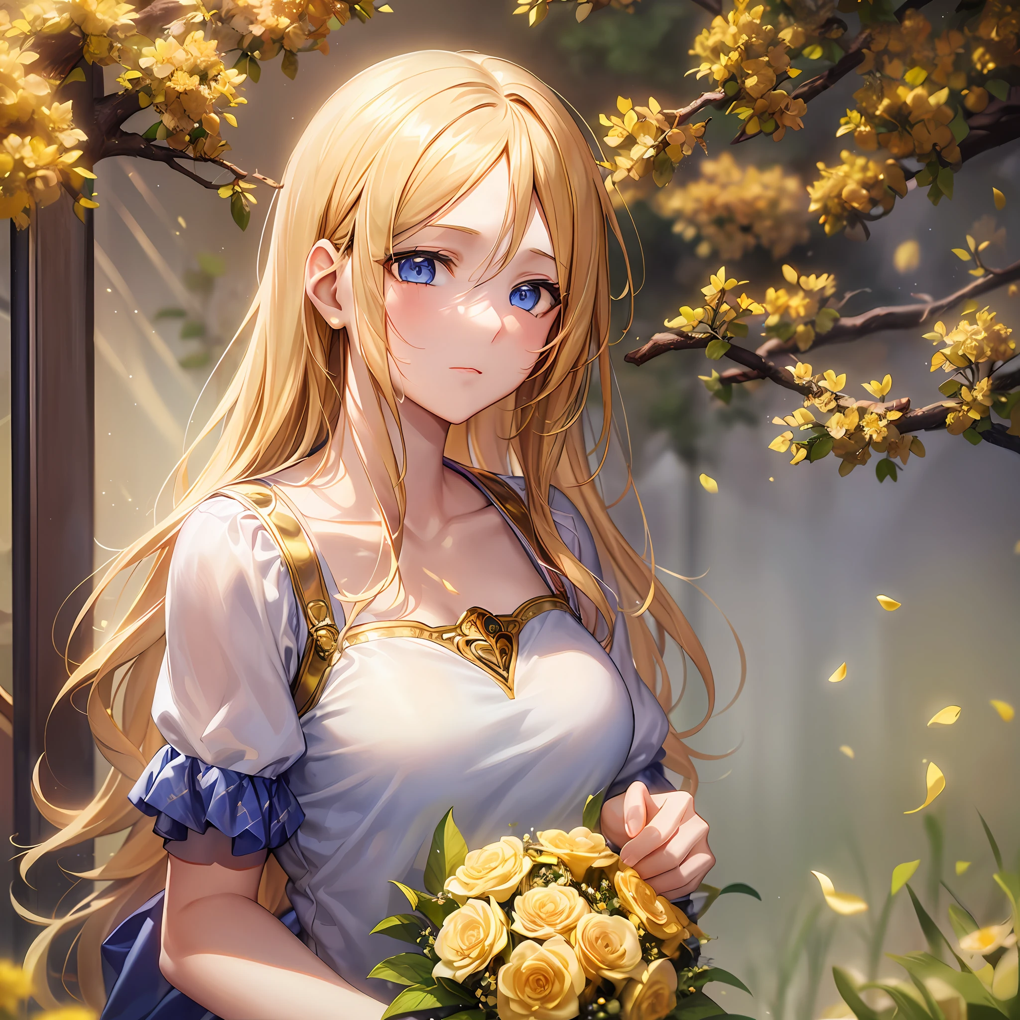 A kind-hearted teenage girl with warm blue eyes, golden hair, and a serene expression. Holding a bouquet of golden flowers, radiating a soft aura of positivity, Undertale anime, 2D, 4K resolution, Wallpaper, Hyper realistic rendering, 9:16, Mobile lock screen, By Ray Pro.