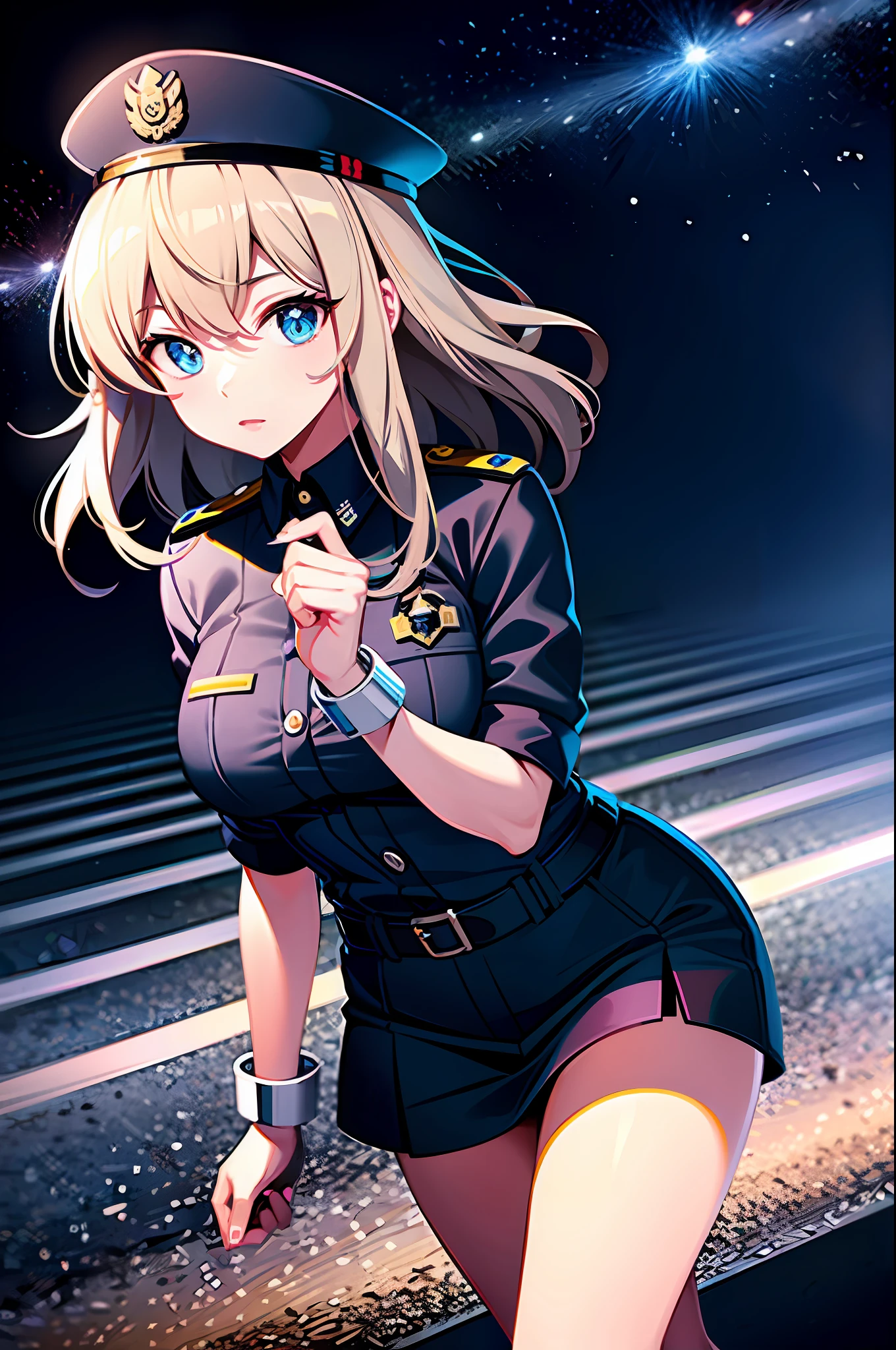 A police girl holding handcuffs in her hands on a road at night
