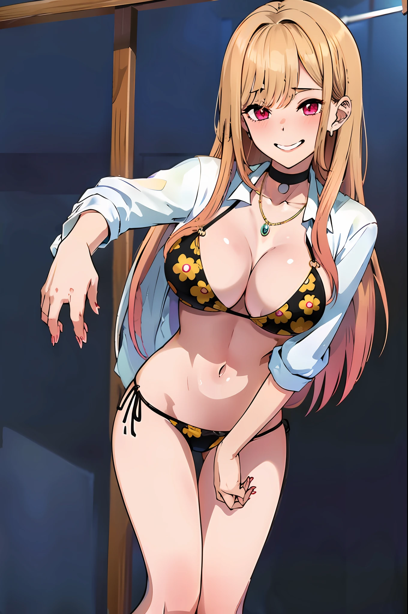 Busty, bikini,  unbuttoned shirt, (blushing face:1.2), smiling ((erotic pose)), standing, glowing eyes