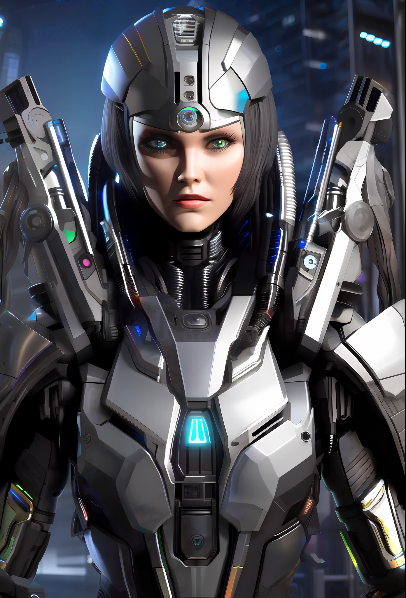 Full body photo, Humanoid robot woman, half human half robot body in robotic suit, with power cables, blue lights on chest, she has the ((half human head and half with robot parts showing)), short blue hair, one green eye, looking at the viewer, from the front, big breasts, body half human and half mechanical, she is in a futuristic city at war between humans and machines, she is holding futuristic weapons of large caliber, cyberpunk, troll, anime, Pop art, masterpiece, 16k, high details, UHD, best quality