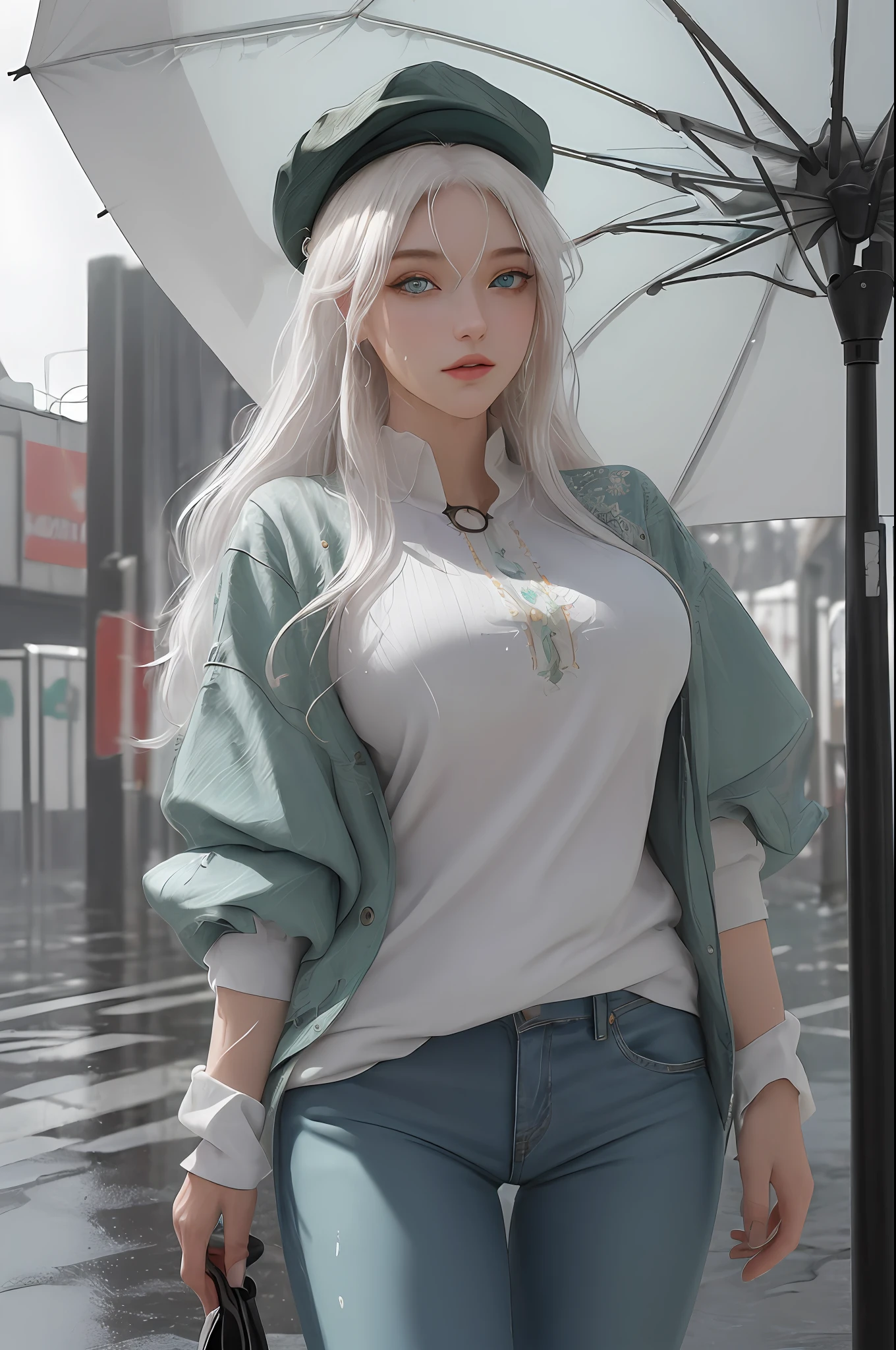 (masterpiece, best_quality, ultra-detailed:1.5), highres, absurdres, an_extremely_delicate_and beautiful, beautiful_detailed_eyes, detailed_art_style, 

1girl, solo, first-rate_female_bodies, perfect_anatomy, perfect_body, large_breasts, milf, glossy_skin, blush, wide_hips, perfect_thighs, bewitching_thighs,white hair, hair over one eye, green eyes, streetwear, casual clothes, jeans, hat, wet clothes, umbrella, 

highly_detailed_background, (detailed_light), warm_lighting, light_entering_iris, expressive_eyes,

((illustration)), dynamic_angle, depth_of_field, dynamic_pose, detailed_shading, detailed_background, vibrant_colors, street, raining, rain, wet, panorama