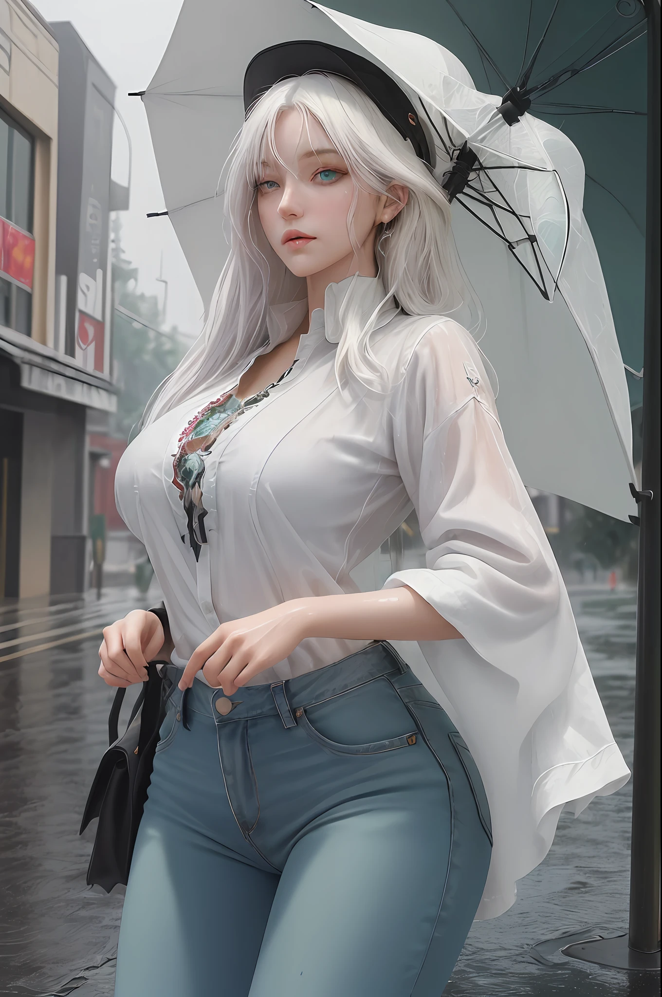 (masterpiece, best_quality, ultra-detailed:1.5), highres, absurdres, an_extremely_delicate_and beautiful, beautiful_detailed_eyes, detailed_art_style,
1girl, solo, first-rate_female_bodies, perfect_anatomy, perfect_body, large_breasts, milf, glossy_skin, blush, wide_hips, perfect_thighs, bewitching_thighs,white hair, hair over one eye, green eyes, streetwear, casual clothes, jeans, hat, wet clothes, umbrella,
highly_detailed_background, (detailed_light), warm_lighting, light_entering_iris, expressive_eyes,
((illustration)), dynamic_angle, depth_of_field, dynamic_pose, detailed_shading, detailed_background, vibrant_colors, street, raining, rain, wet, panorama