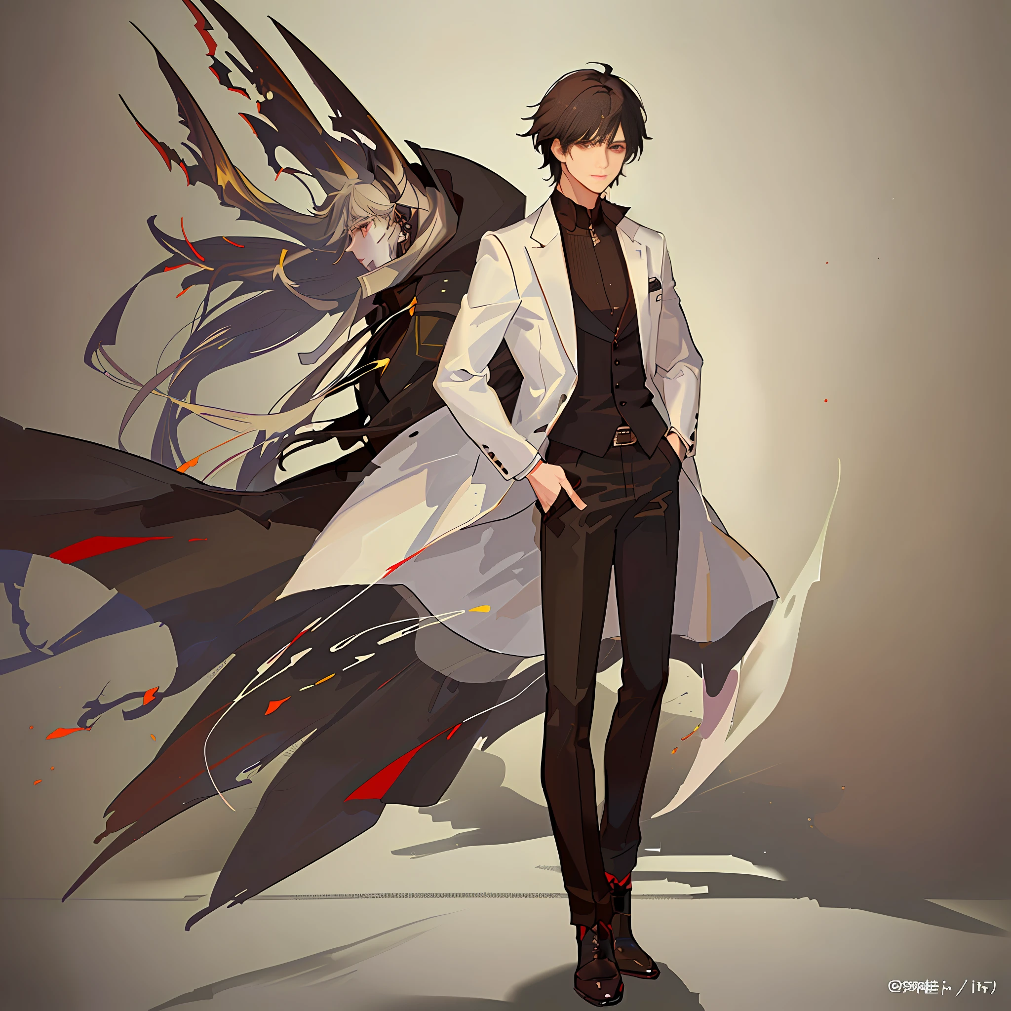 anime man with short brown and black hair, white colored eyes, dressed in a white button shirt no jacket and black trousers, spikey hair, short brown and blond haired man, anime moe artstyle, handsome anime portrait, anime visual of a handsome man, anime style portrait, brown and black hair, white colored eyes, high quality anime artyle, portrait anime man, hands in pockets, exhausted, [[[[smiling wearily]]]]