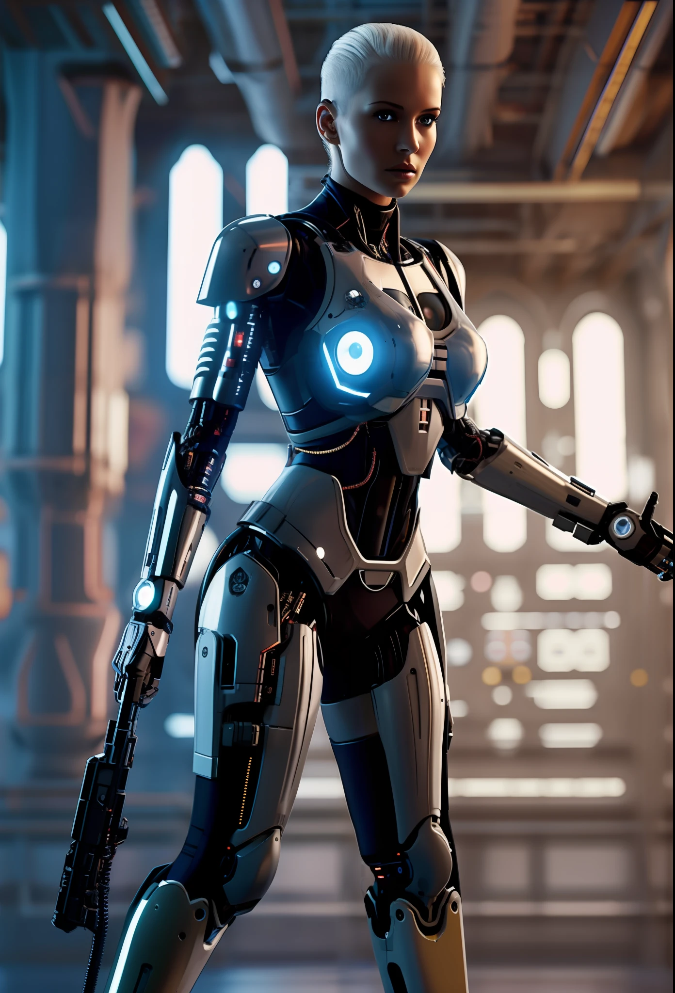 Full body photo, Humanoid robot woman, half human half robot body in robotic suit, with power cables, blue lights on chest, she has the ((half human head and half with robot parts showing)), short blue hair, one green eye, looking at the viewer, from the front, big breasts, body half human and half mechanical, she is in a futuristic city at war between humans and machines, she is holding futuristic weapons of large caliber, cyberpunk, troll, anime, Pop art, masterpiece, 16k, high details, UHD, best quality