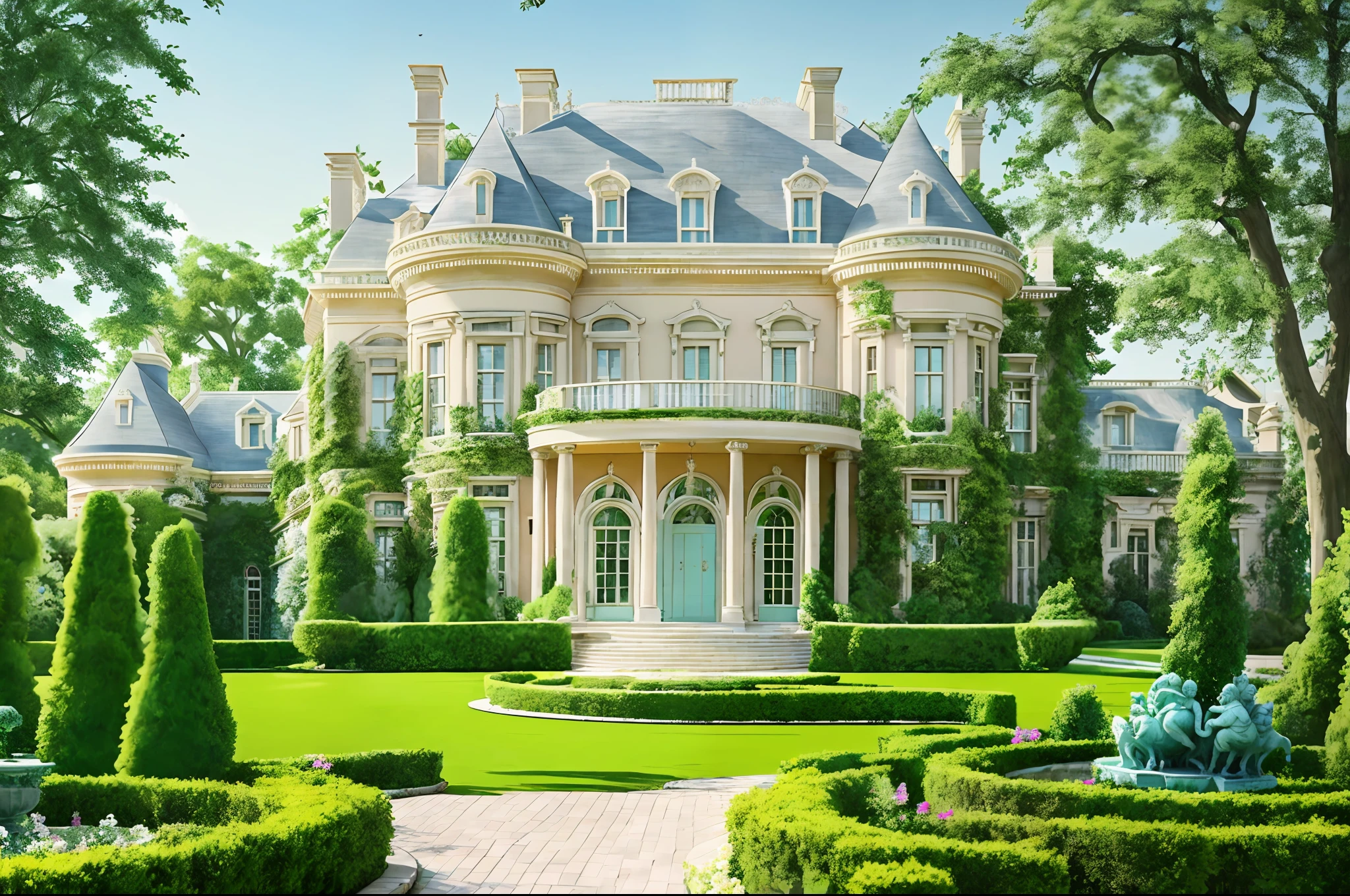 Mansion in neo classical style, in pastel color, with façade details in natural stone, with a large and beautiful garden in front of the mansion, with large trees and flowering shrubs around.photorrealistic, rendering octone, 8k, cinematic lightining.
