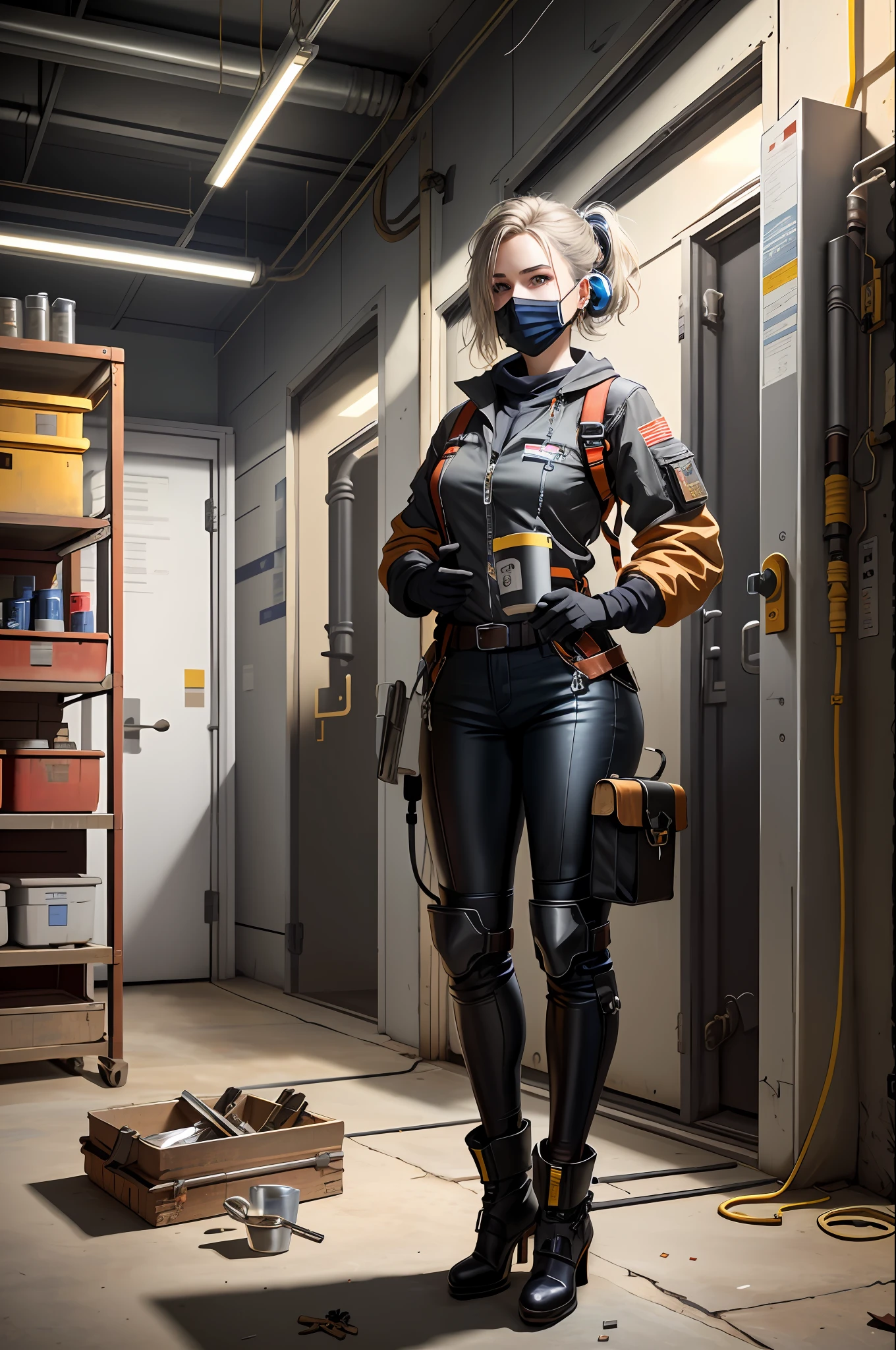 masterpiece, best quality, ultra-detailed, illustration, 1girl, solo, shiny, reflective, latex, work clothes, sexy, body, squat, detailed, work shoes, messy, workshop, industry, high heels, black, red, silver, metal, gloves, goggles, protection, equipment, machinery, tools, sparks, dirt, oil, stains, sweat, exhaust, pipes, instruments, dials, pipes, instruments, dials, buttons, levers, cables, wires, hydraulics, systems hydraulic presses, cranes, pulleys, welding, torches, grinders, drills, saws, hammers, screwdrivers, wrenches, pliers, wrenches, tool boxes Fire extinguishers, first aid kits, ventilation, pipes, lamps, emergency exits, warning signs, warning tape, posters, calendars, coffee cups, dirty, workbenches, storage compartments, shelves, dustbins, lockers, safety vests, earmuffs, masks, respirators, smoke, smoke, smoke, smoke, debris, concrete floors, concrete walls, metal beams, rivets, bolts, screws, nuts, gaskets, hooks, chains, ropes, hooks, lubricants, bearings, liquids, solvents, adhesives, lubrication, maintenance, repair, overhaul, upgrades, installation, assembly, manufacturing, customization, prototyping, research, development, testing, quality control, inspection, certification, compliance, regulations, standards, efficiency, productivity, innovation, excellence, satisfaction, teamwork, dedication, professionalism, authorization, diversity, equality, respect, safety culture, industrial fashion, sci-fi, cyberpunk, dystopia