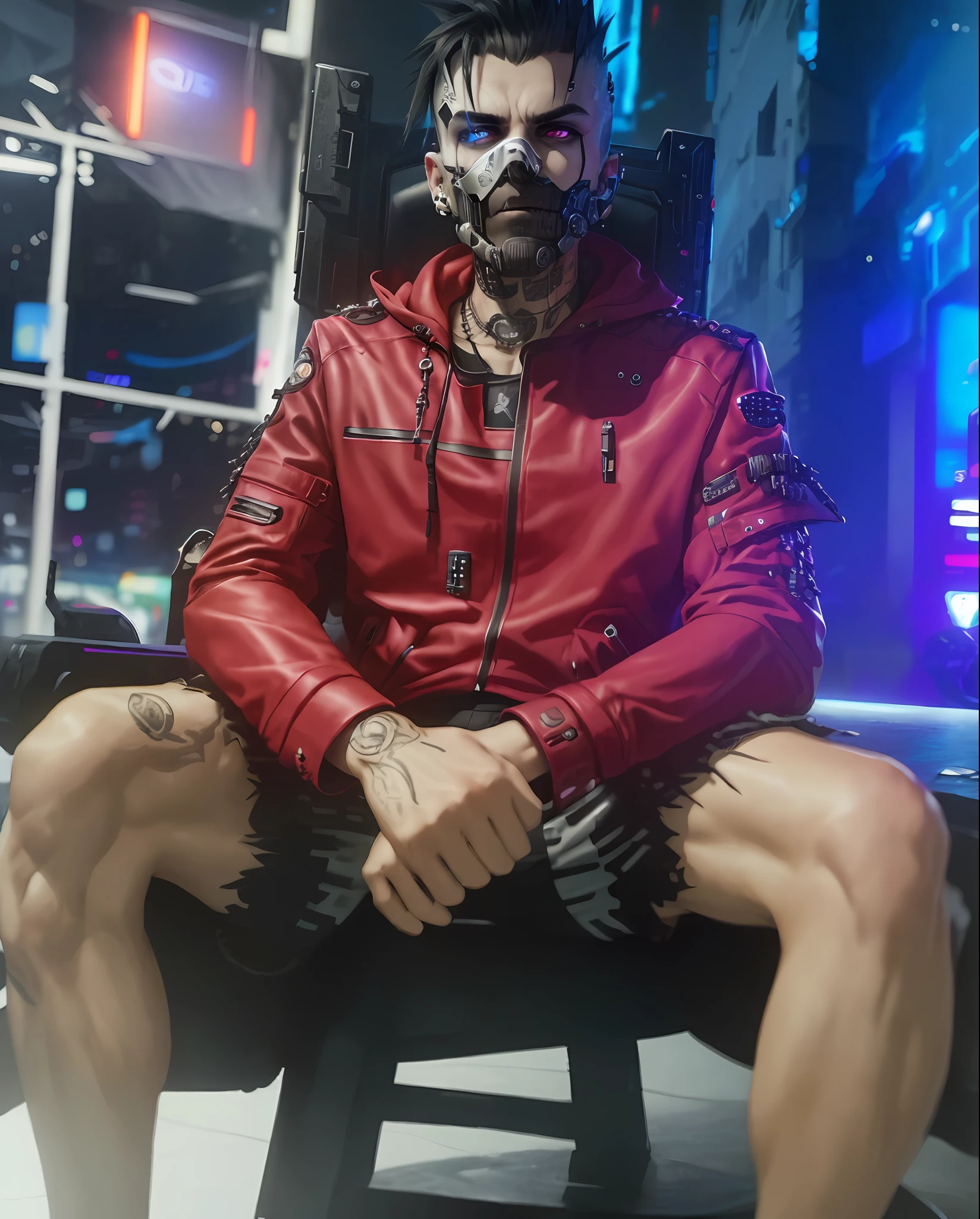 "(punk jacket:1) dark theme :: closeup face focus, ultra realistic futuristic cyberpunk muscular male white hair sitting on throne :: cyberpunk face (intricate black skull face:1) :: cool cybernetic punk jacket red neon eyes :: shirtless:: mechanical intricate mask :: natural lighting :: bokeh :: 8k :: best quality :: masterpiece "